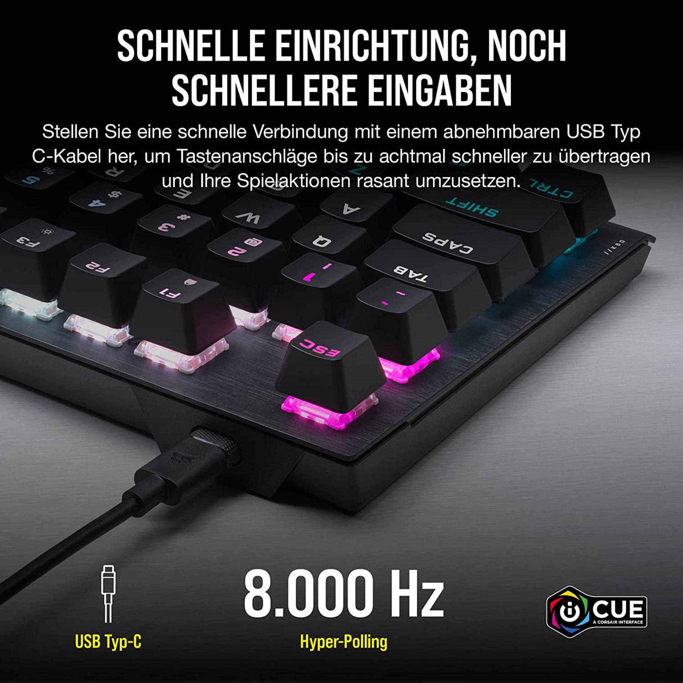 Czarna klawiatura z różowymi i białymi klawiszami oraz kablem USB-C.