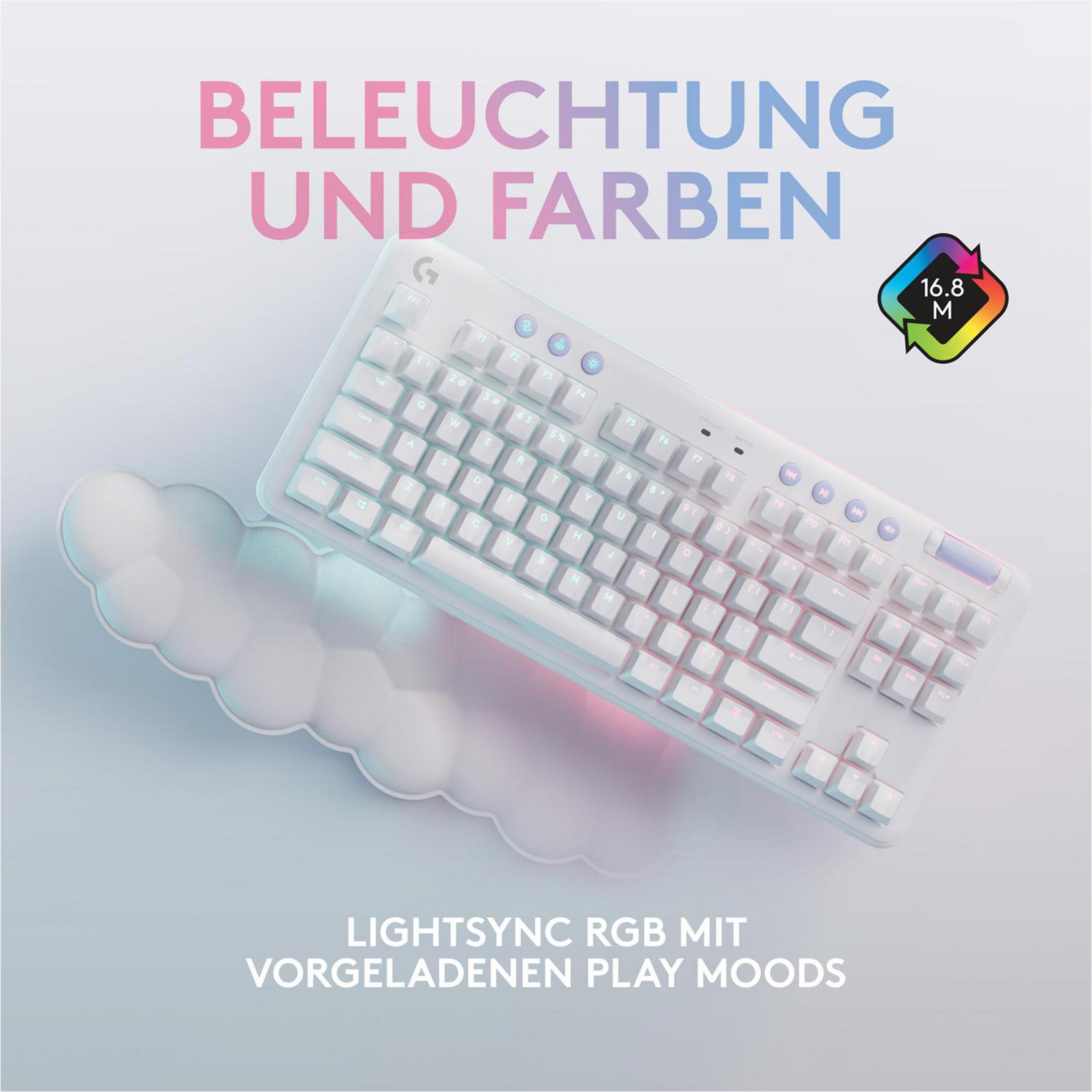 Biała klawiatura z podświetleniem RGB, spoczywająca na podpórce pod nadgarstek.