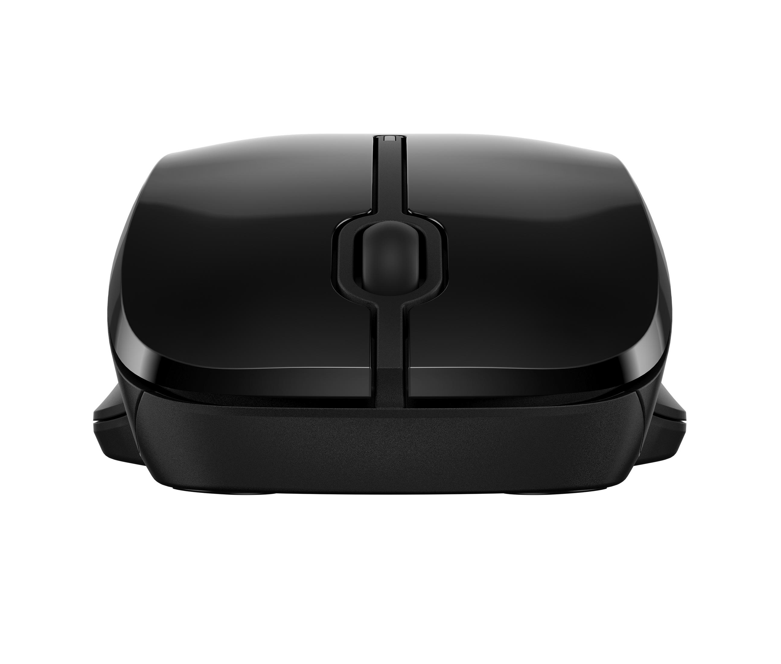 Czarna mysz komputerowa. Mysz ma dwa przyciski i kółko przewijania.