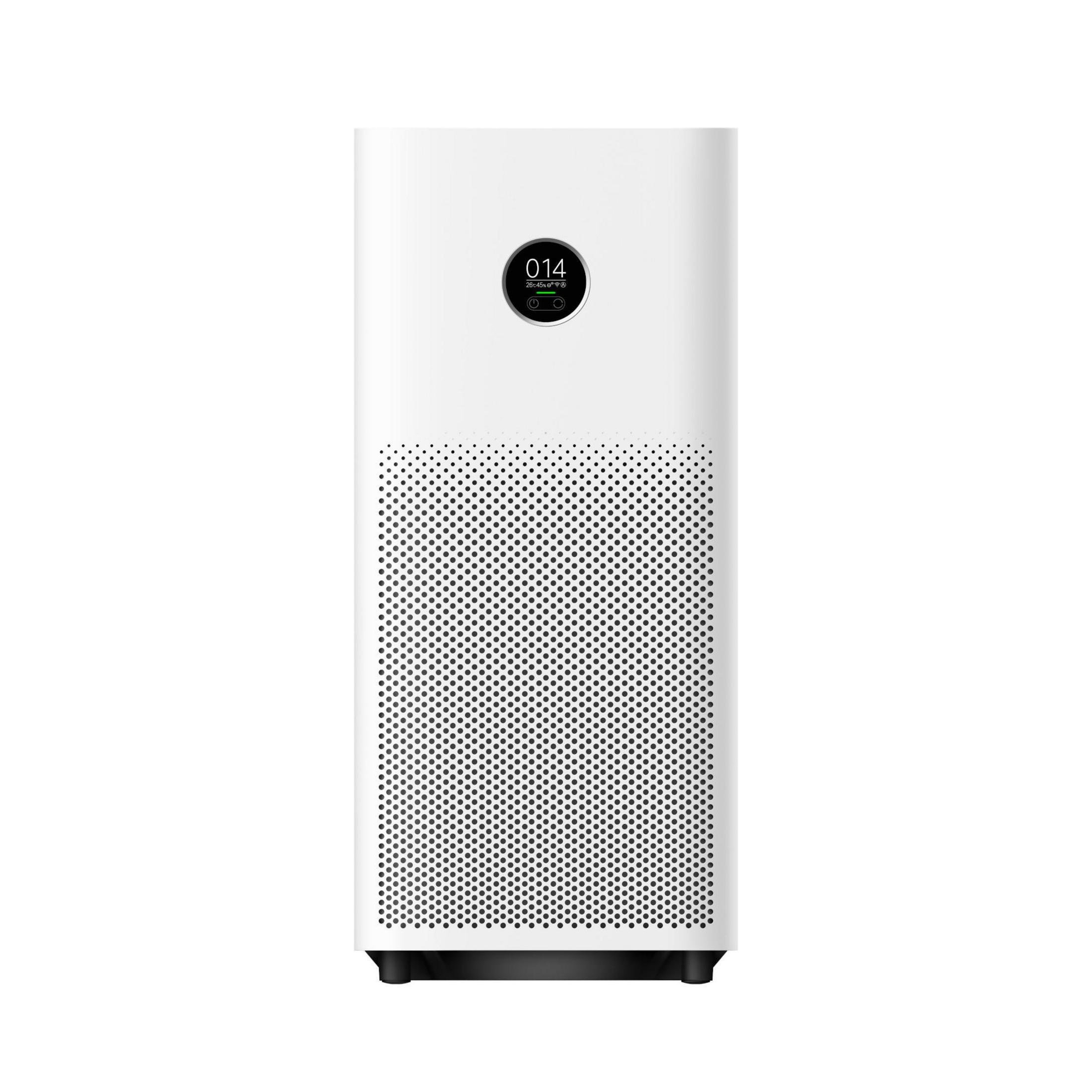 Un purificatore d'aria bianco con parte anteriore nera. Un display digitale è sulla parte superiore.