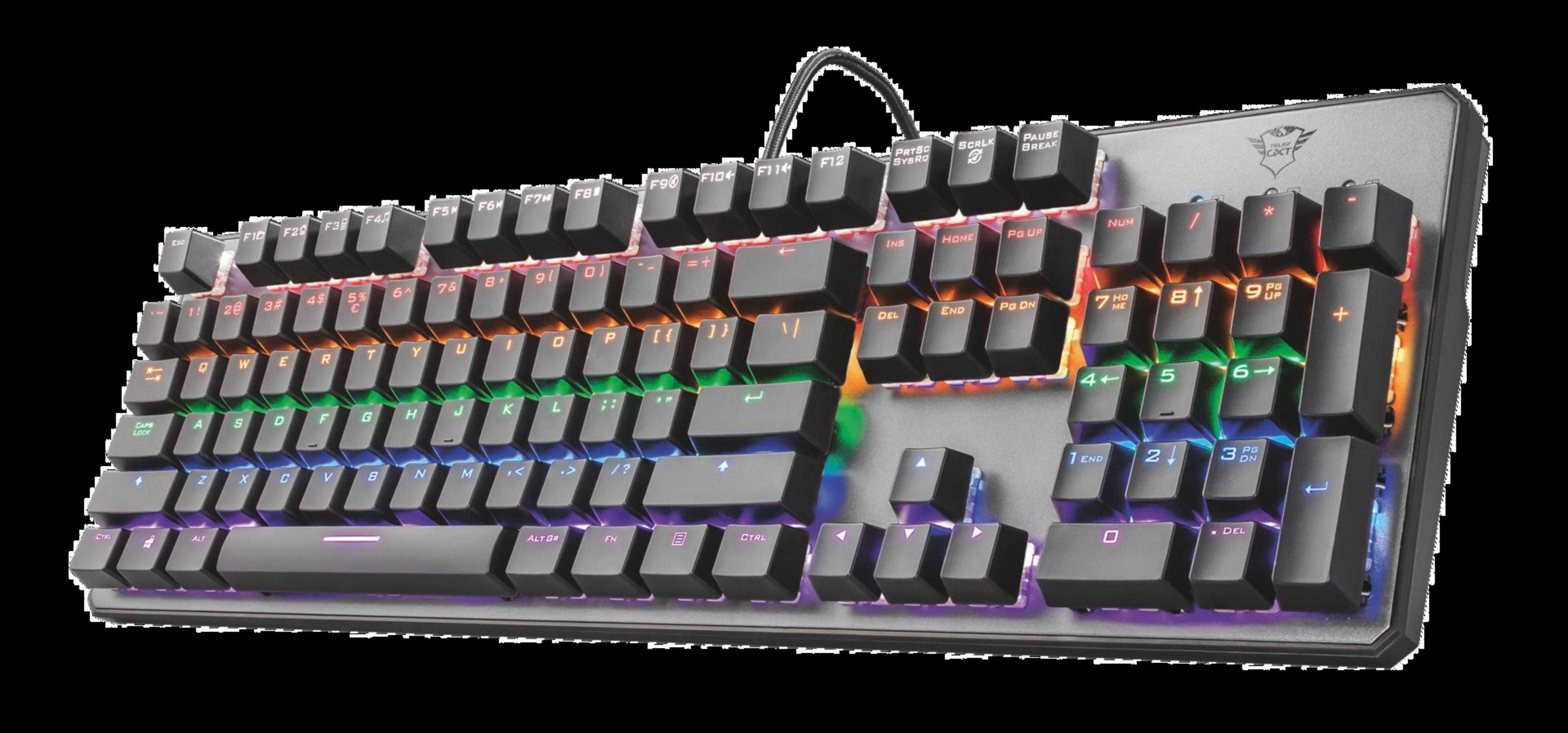 RGB-Tastatur mit Hintergrundbeleuchtung. Tasten sind schwarz mit farbigen Buchstaben. Schwarzer Hintergrund. Winkelansicht.