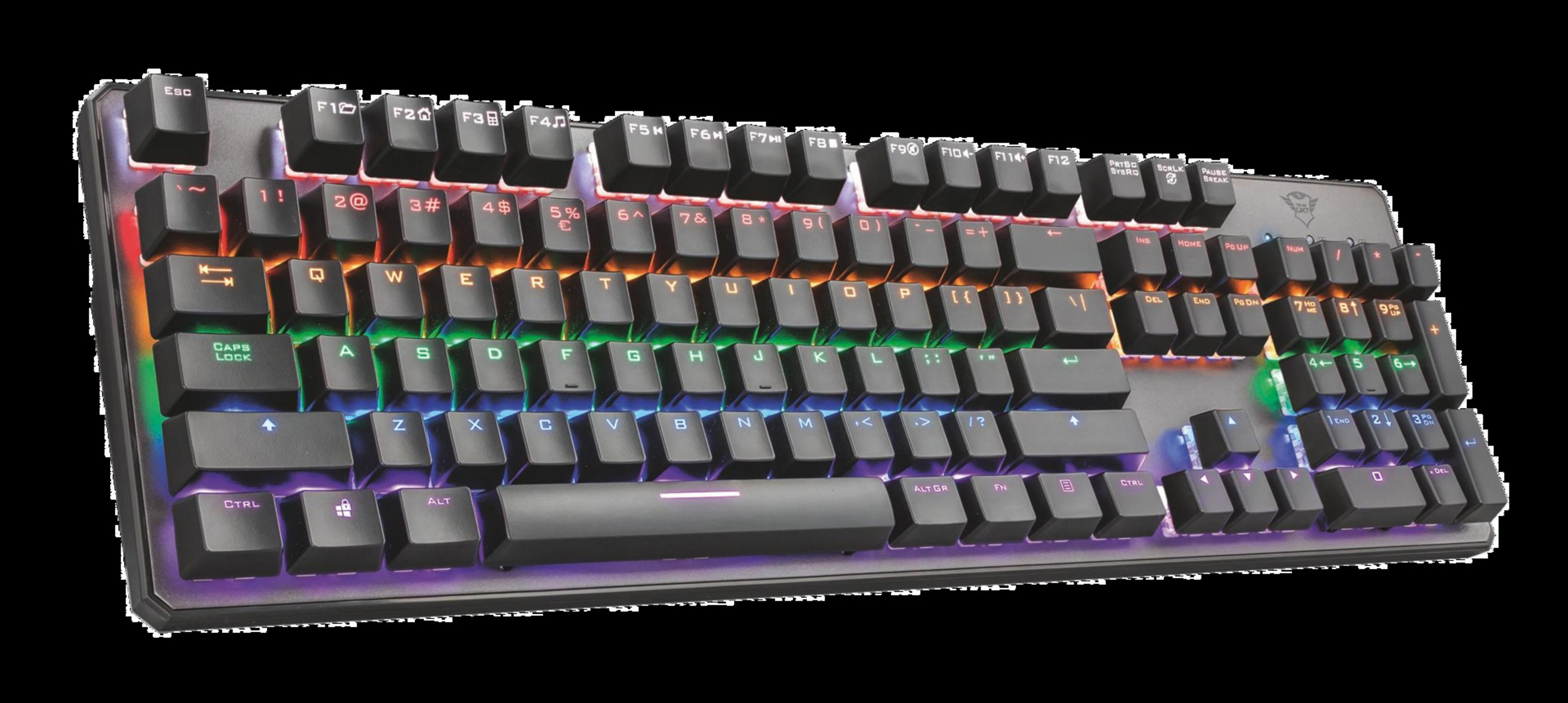 Beleuchtete Tastatur mit mehreren Farben, schwarzen Tasten und schwarzem Hintergrund.