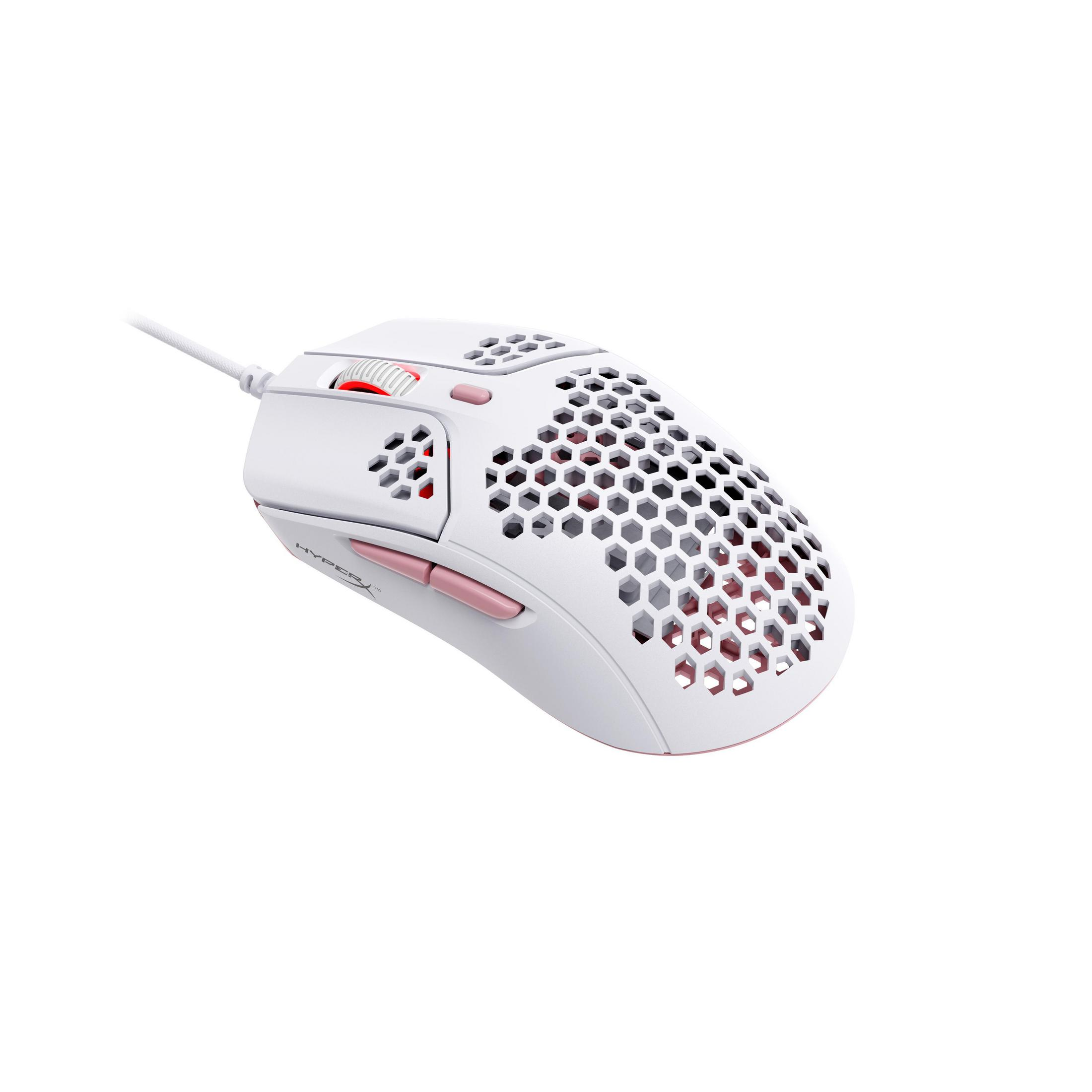 Ratón gaming blanco con detalles rosas. Tiene diseño de panal y conexión por cable.