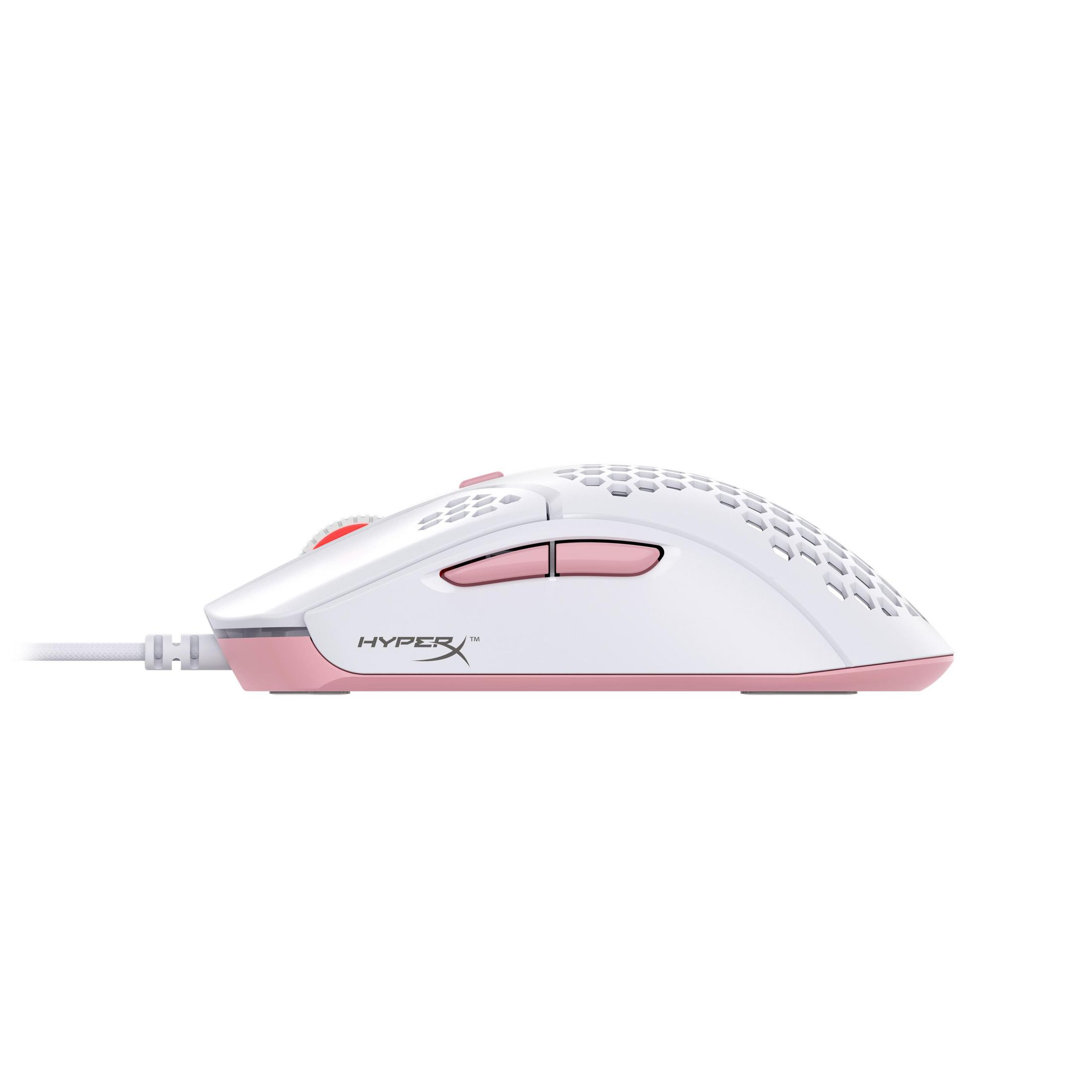 Ratón gaming blanco y rosa, vista lateral. Cuenta con botones rosas y un diseño de panal.