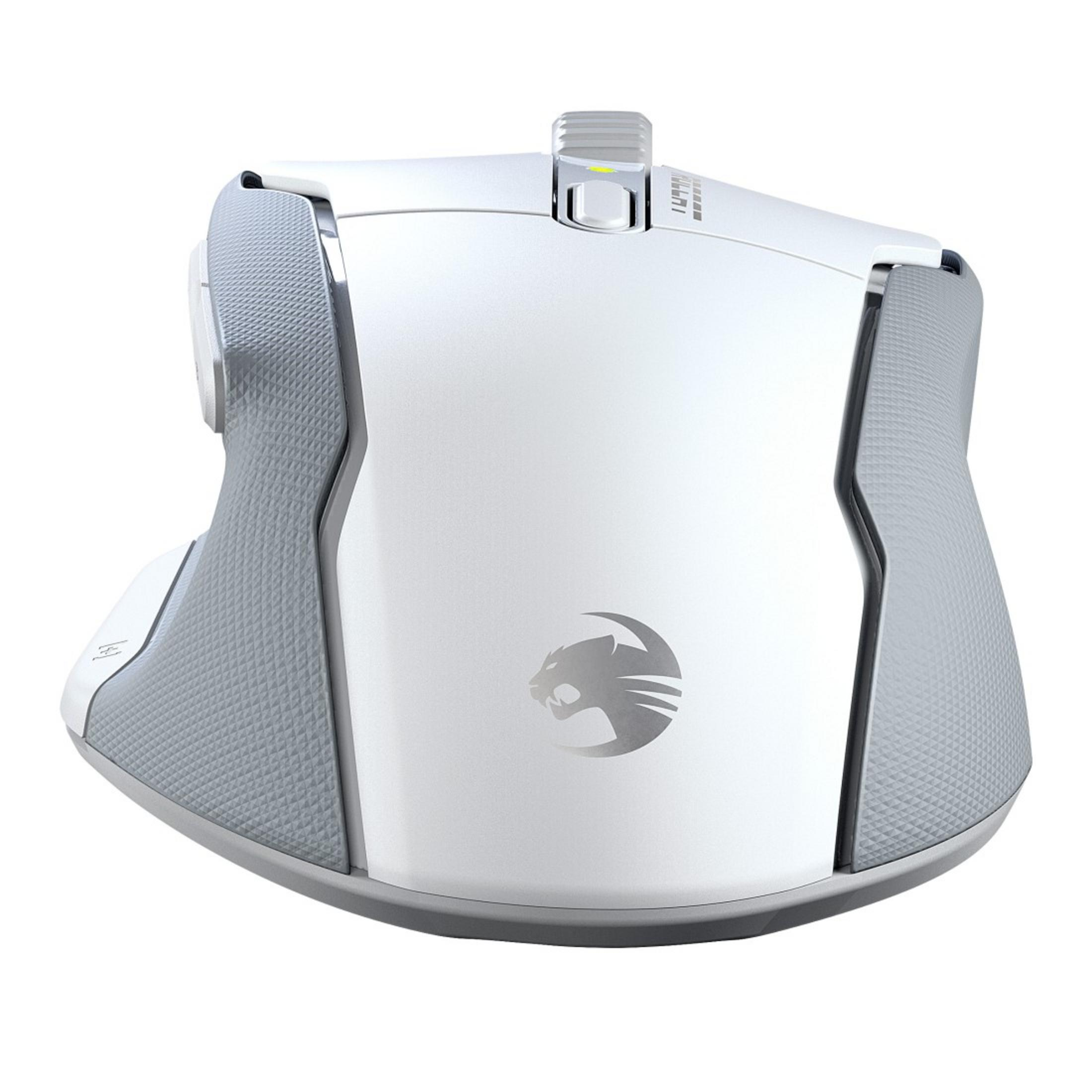 Biało-szara mysz do gier. Posiada logo i teksturowane boki.