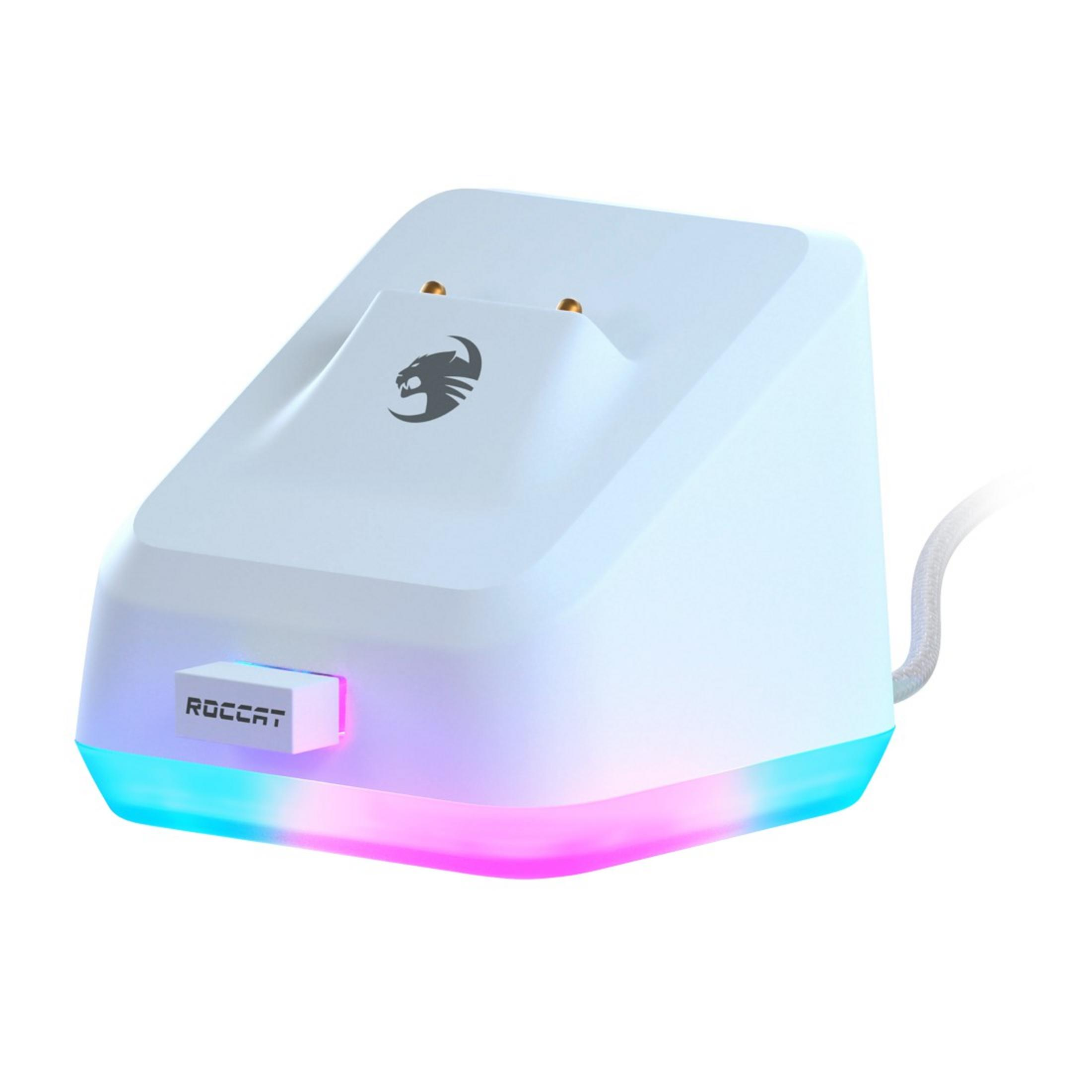 Biała stacja ładująca z czarnym logo. Na dole ma niebieskie i różowe światło.