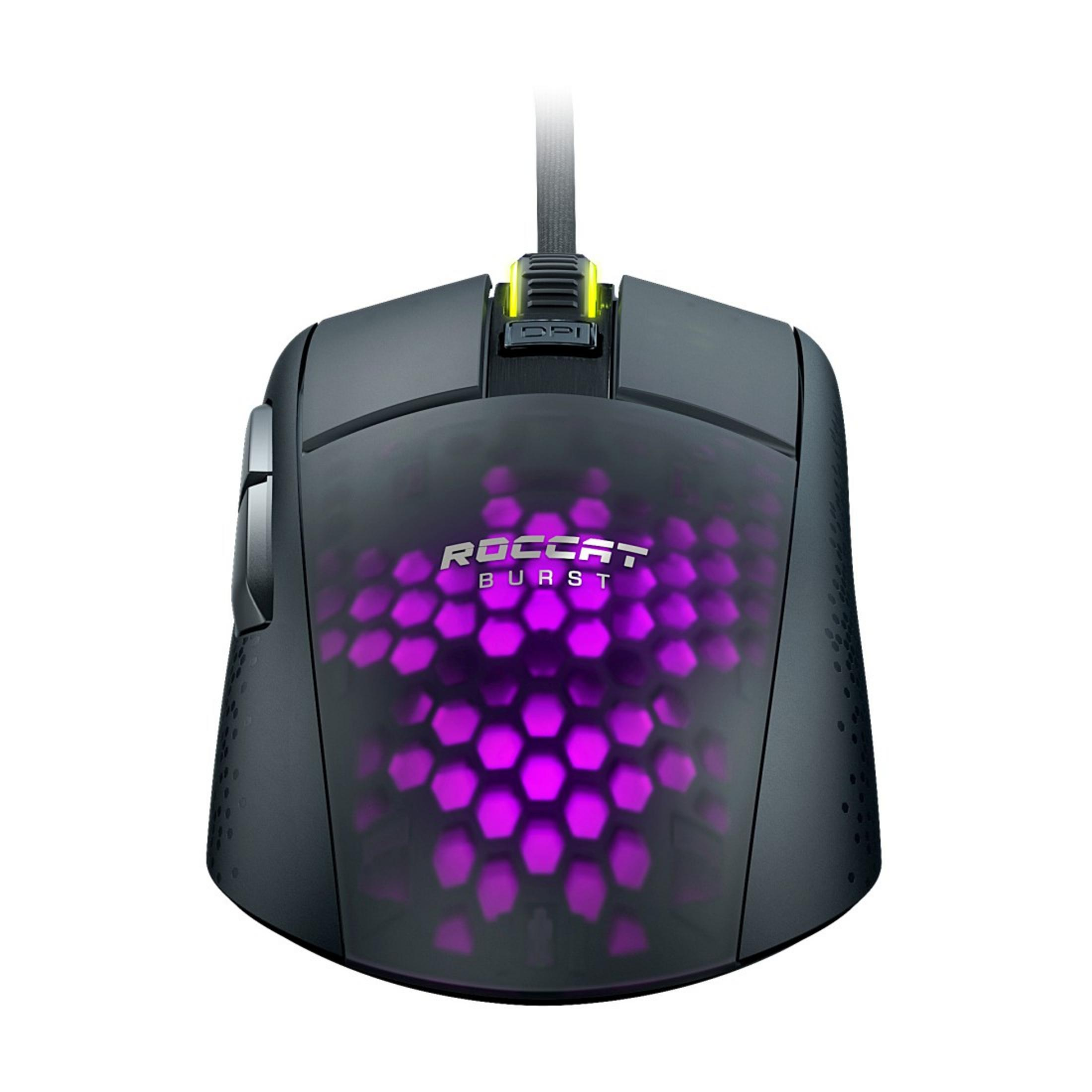 Czarna mysz ROCCAT z fioletowym oświetleniem o strukturze plastra miodu i przyciskiem DPI. Na białym tle.