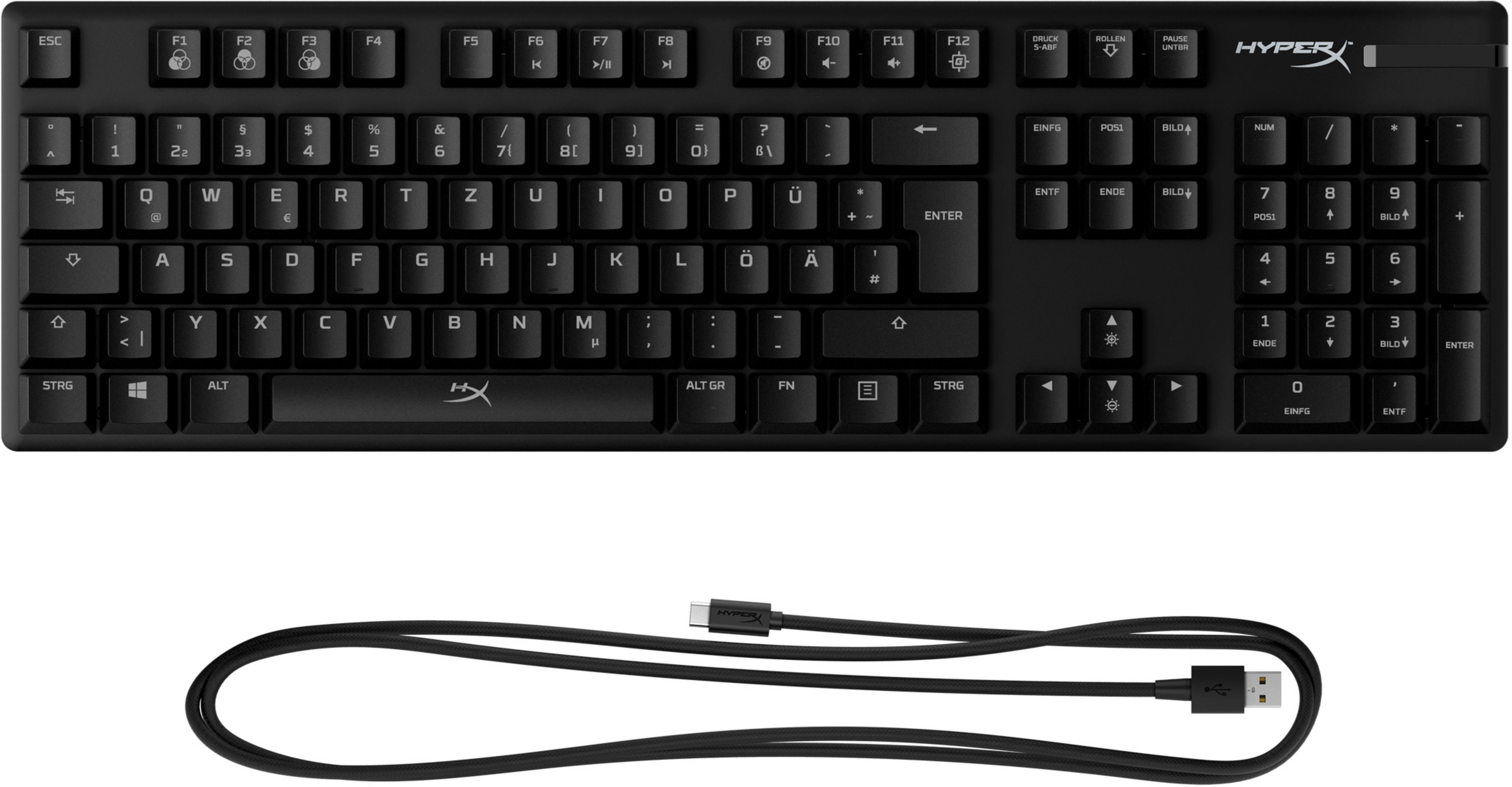 Schwarze Tastatur mit weißen Buchstaben. Unten im Bild befindet sich ein schwarzes USB-Kabel.