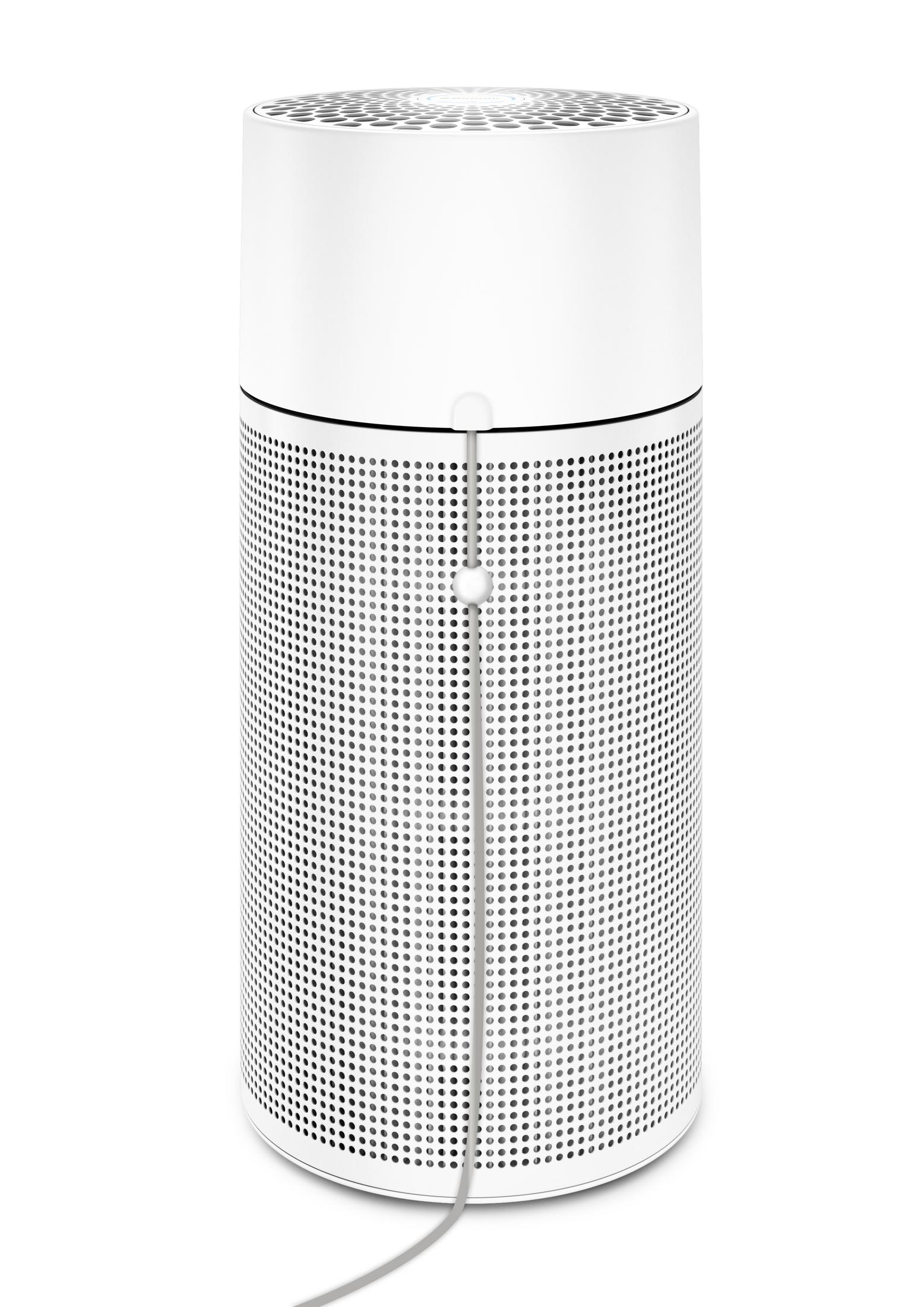Purificatore d'aria cilindrico bianco con cavo di alimentazione grigio.