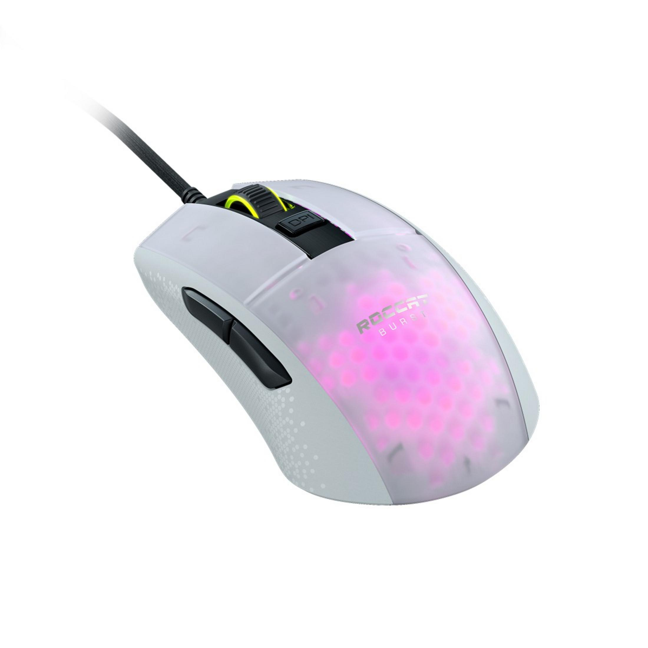 Mouse Roccat Burst Pro bianco con design a nido d'ape illuminato. Inclinato, con cavo nero.