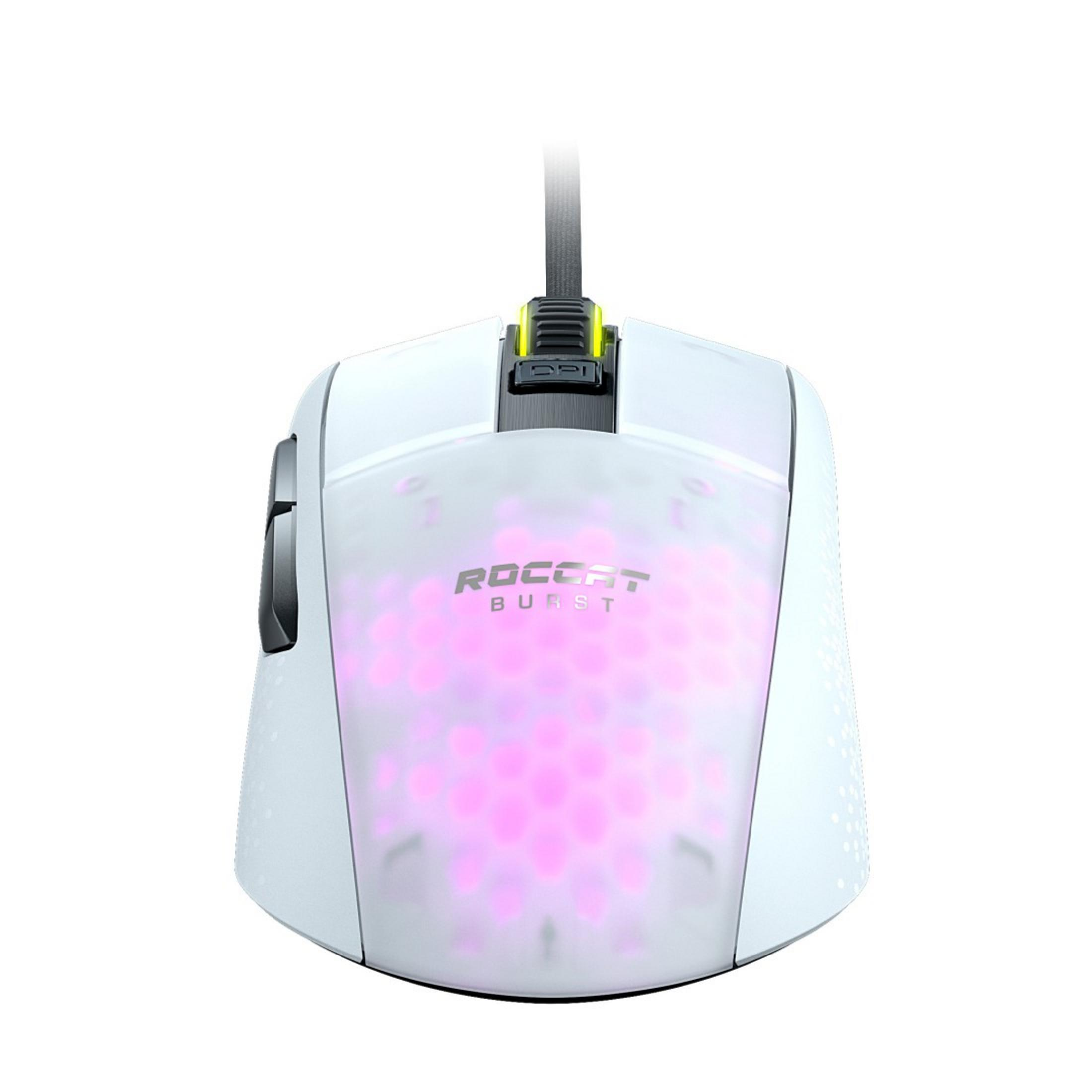 Mouse da gaming bianco con logo rosa acceso. Ha un cavo nero e dettagli gialli sulla parte superiore.