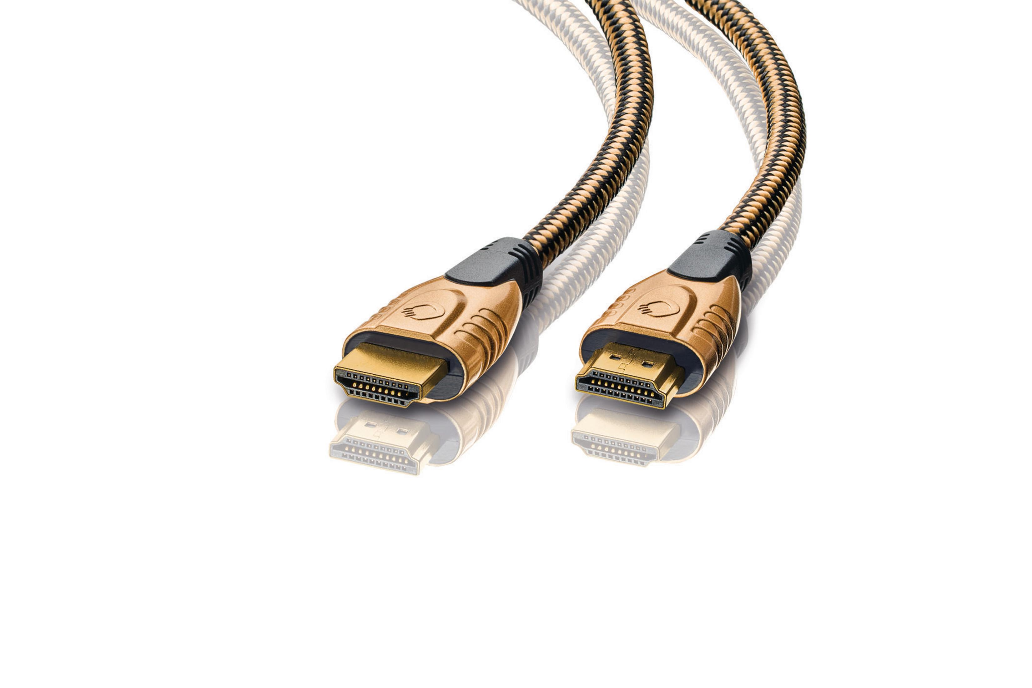 Zwei HDMI-Kabel nebeneinander, goldene Stecker, schwarz-goldene Kabelummantelung.