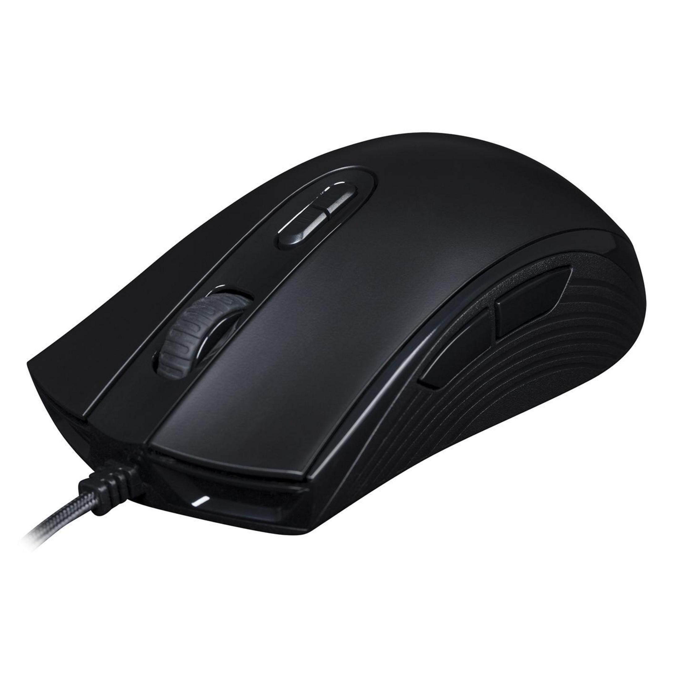Une souris de jeu noire avec une molette et des boutons, avec une connexion filaire.