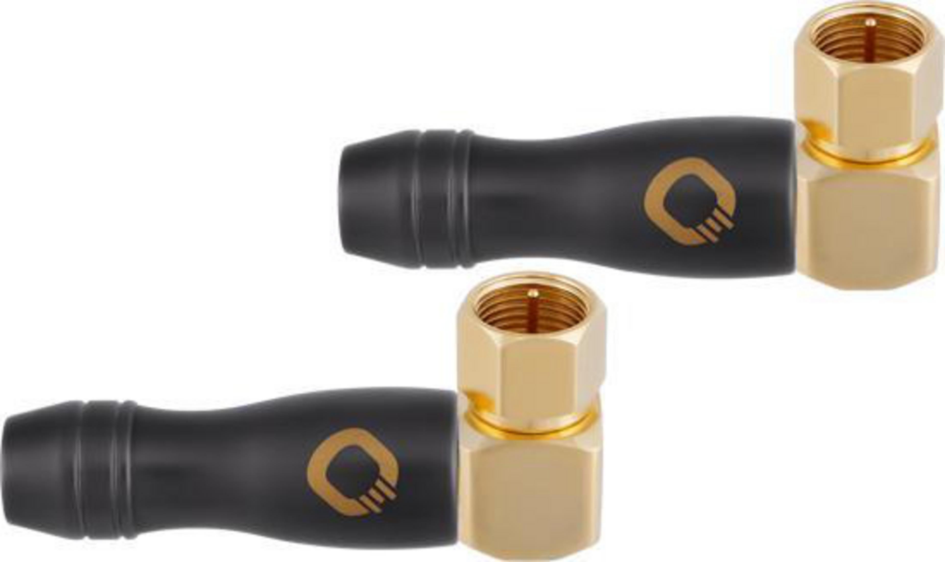 Zwei schwarze und goldene Antennenanschlüsse. Jeder hat eine goldene Mutter und einen schwarzen Sockel.