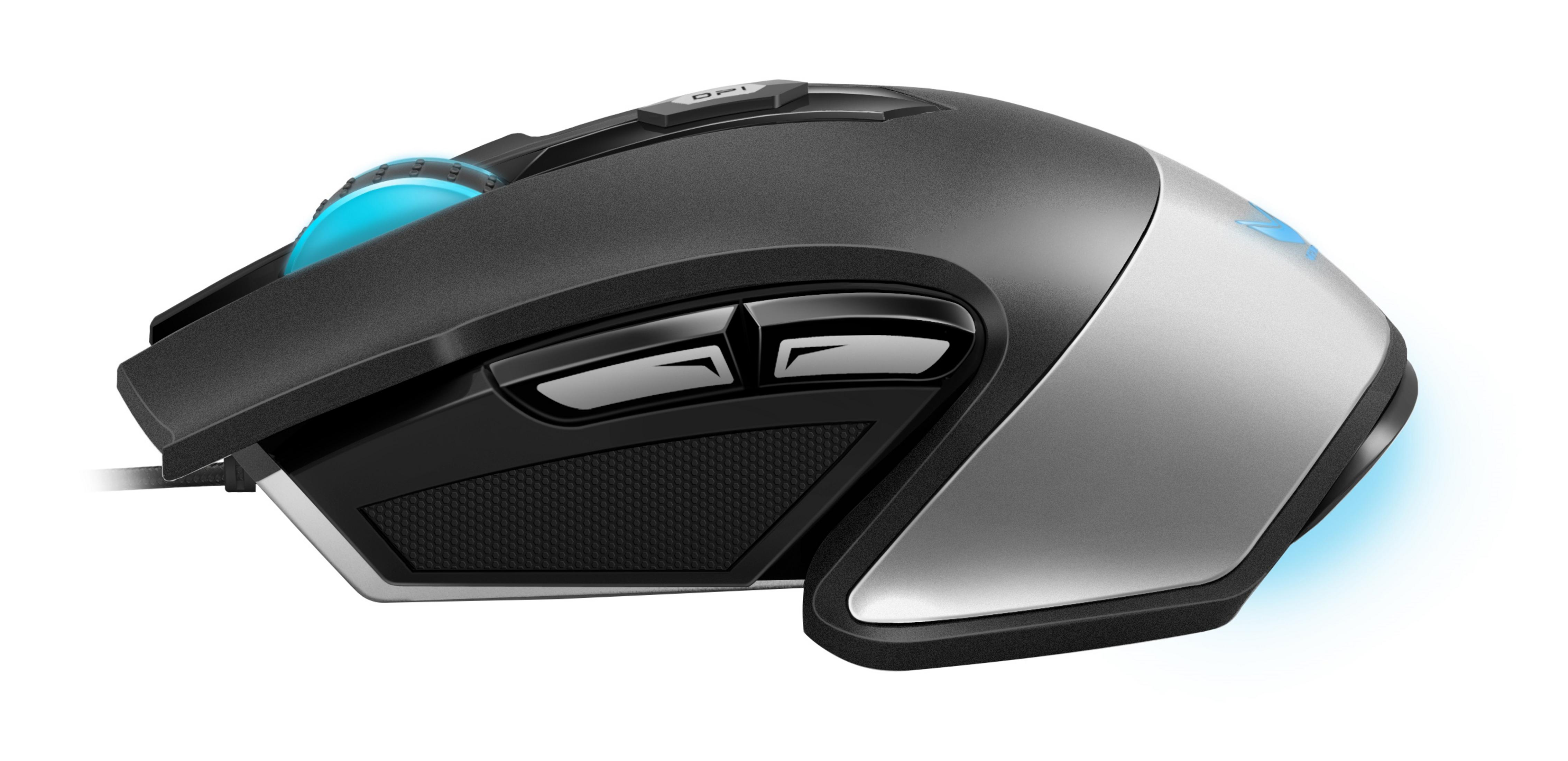 Mysz dla graczy: czarna, szara i srebrna, z niebieskimi światłami i przyciskami.