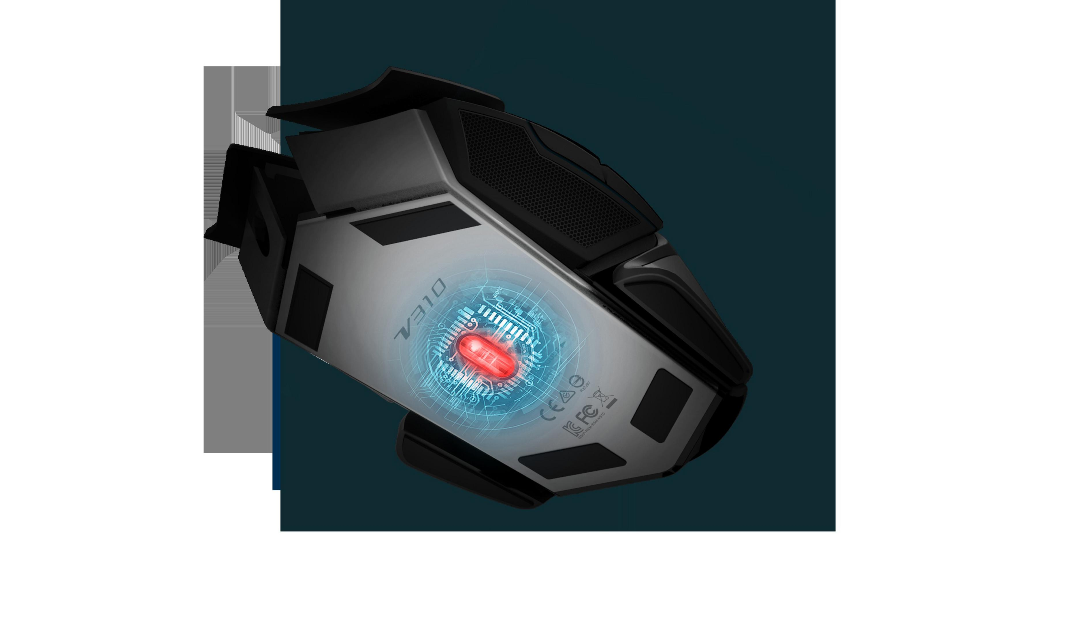 Widok od spodu myszy gamingowej z czerwonym światłem, czarnymi i srebrnymi akcentami.