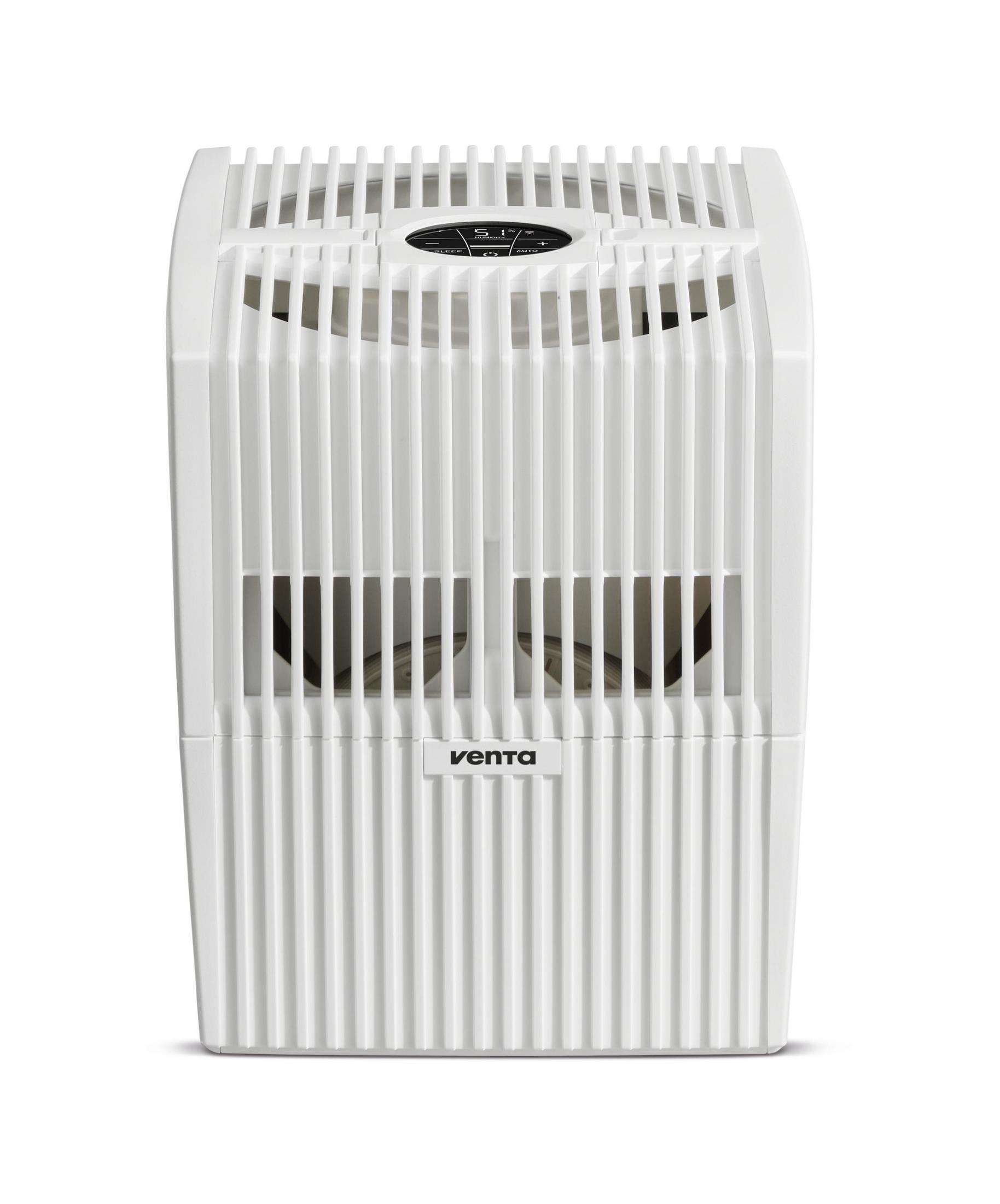 Biały nawilżacz powietrza z pionowymi prętami, na białym tle.