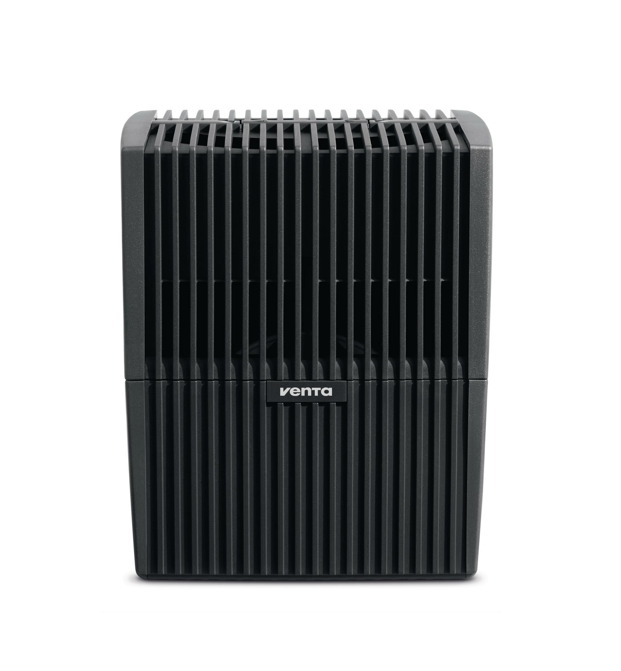 Black Venta air purifier. Vertical lines on front. "Venta" logo at the center.