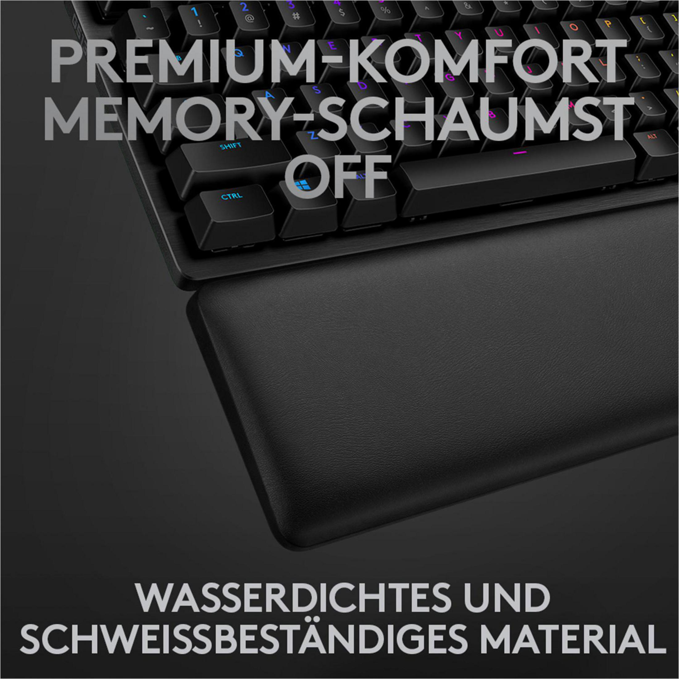 Black keyboard with a wrist rest.  Text on the keyboard says PREMIUM-KOMFORT, MEMORY-SCHAUMST, OFF.