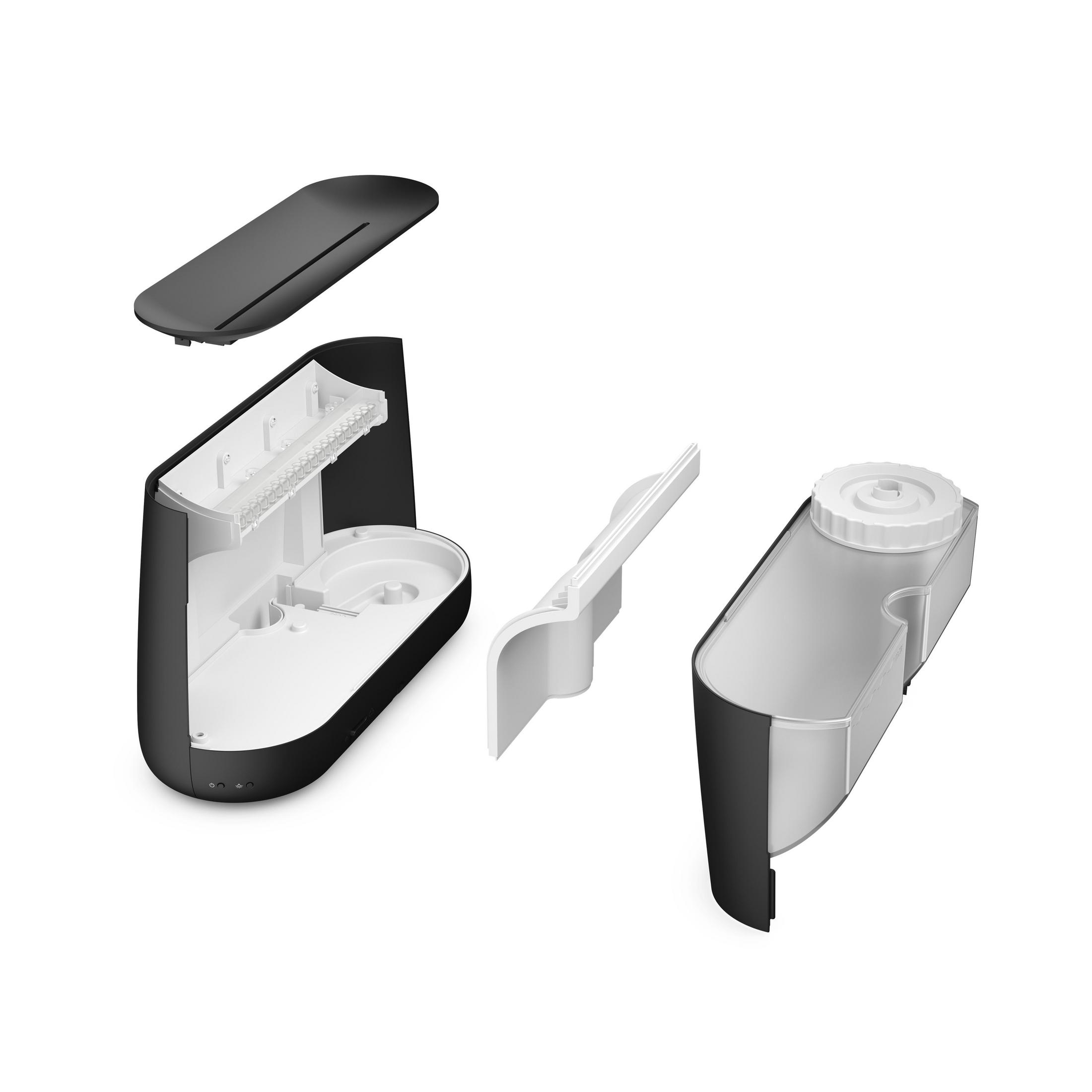 Widok rozstrzelony czarnego, białego i szarego robota kuchennego, pokazujący części.