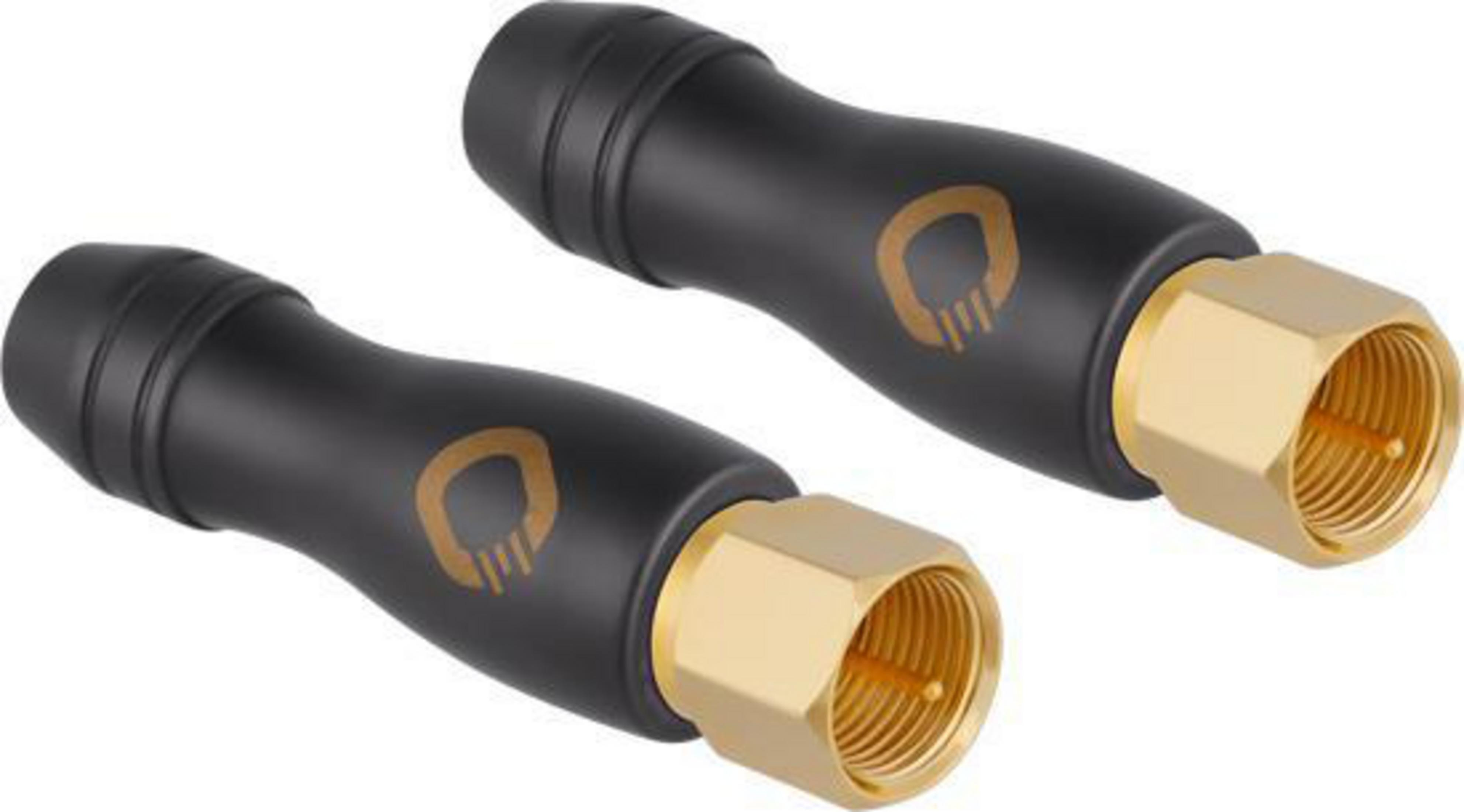 Zwei schwarze Stecker mit goldenen Enden, mit dem Logo eines stilisierten Schädels.