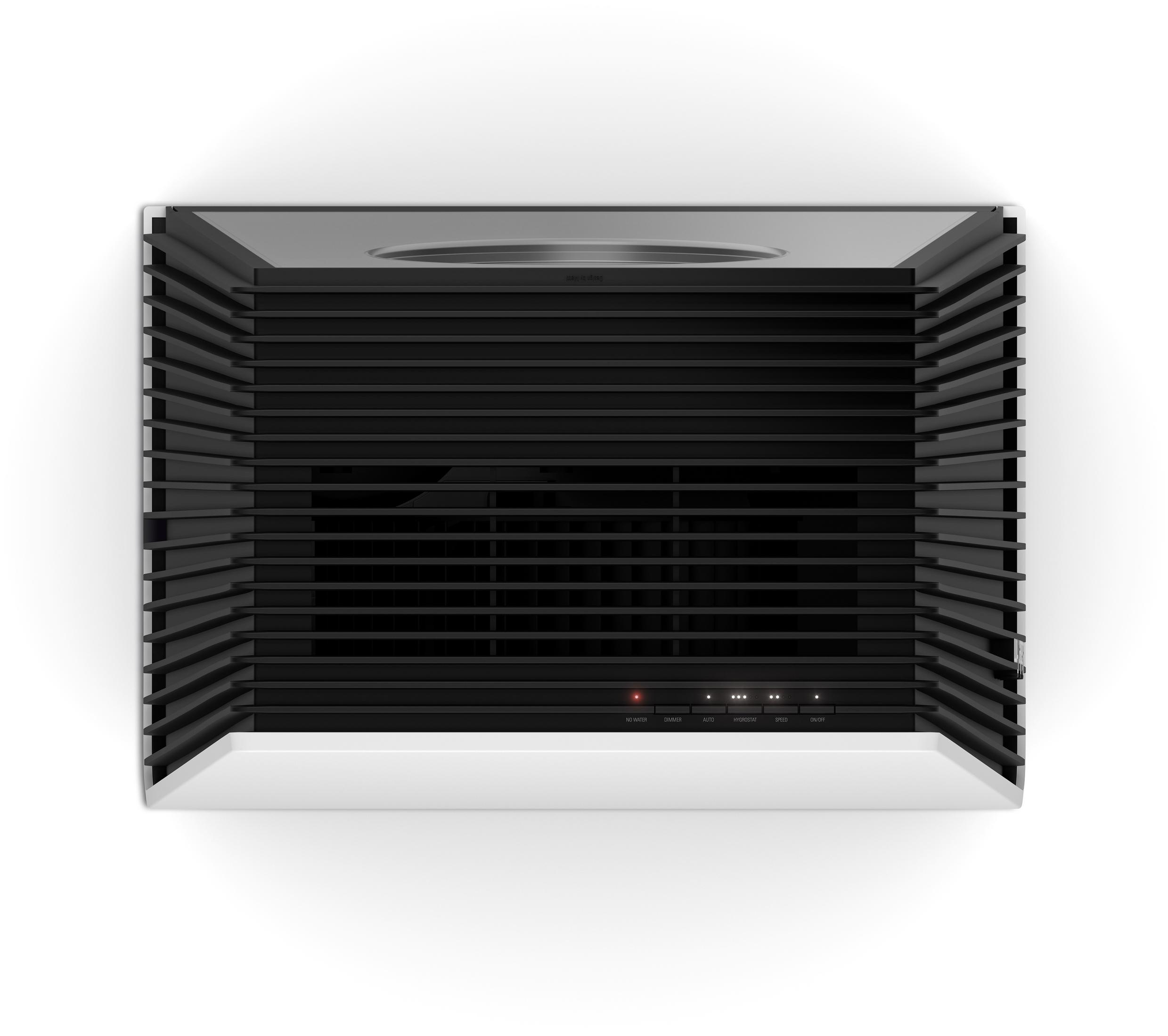 Black and white air purifier, top view. Features air vents and control panel with lights.