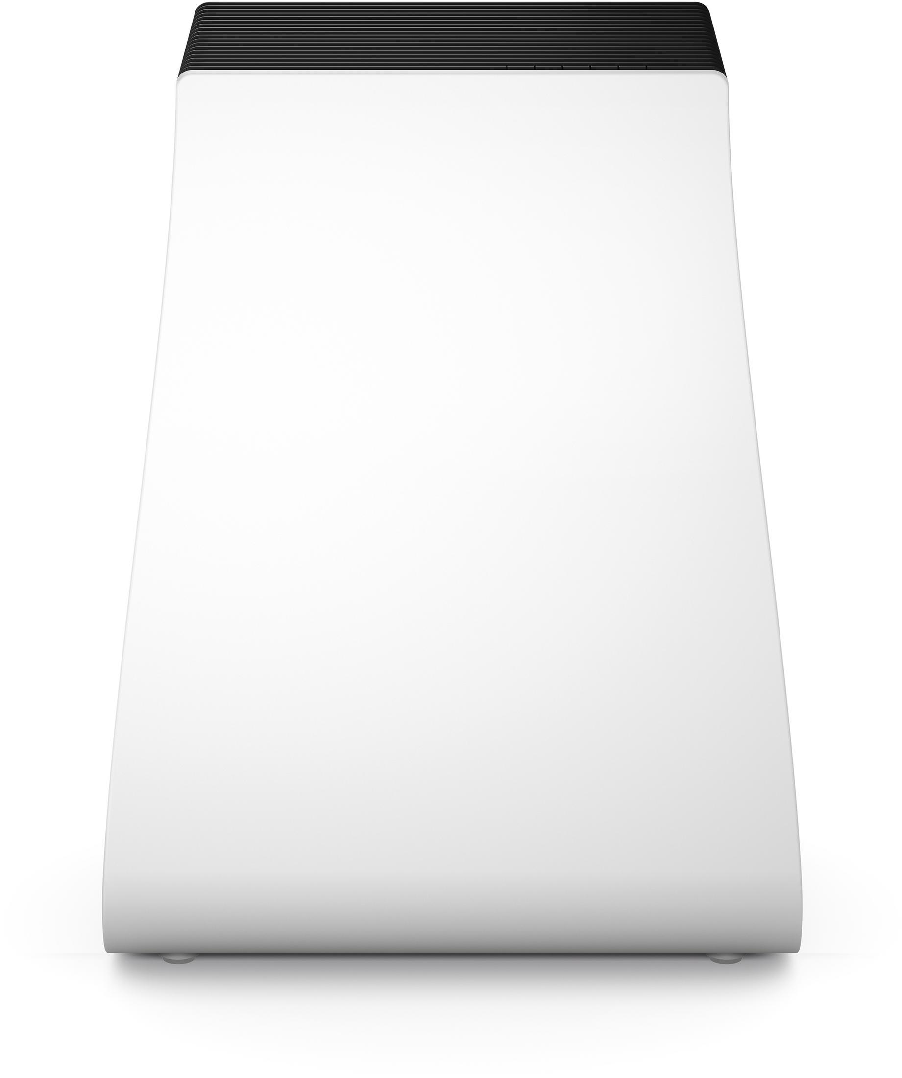 White and black router with a sleek design. Top has vent holes.