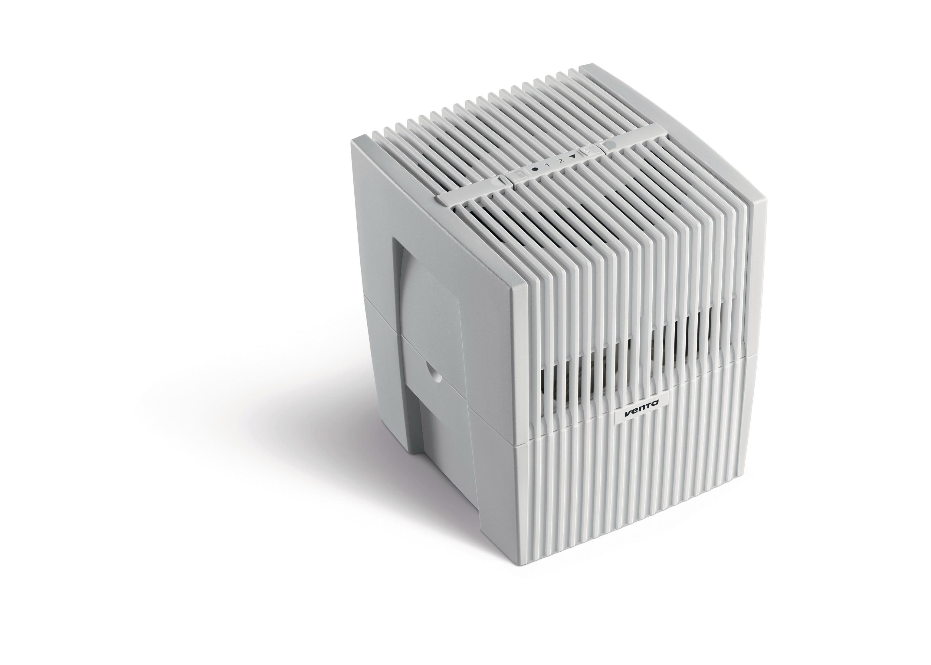 Purificatore d'aria bianco con design quadrato e fessure verticali.