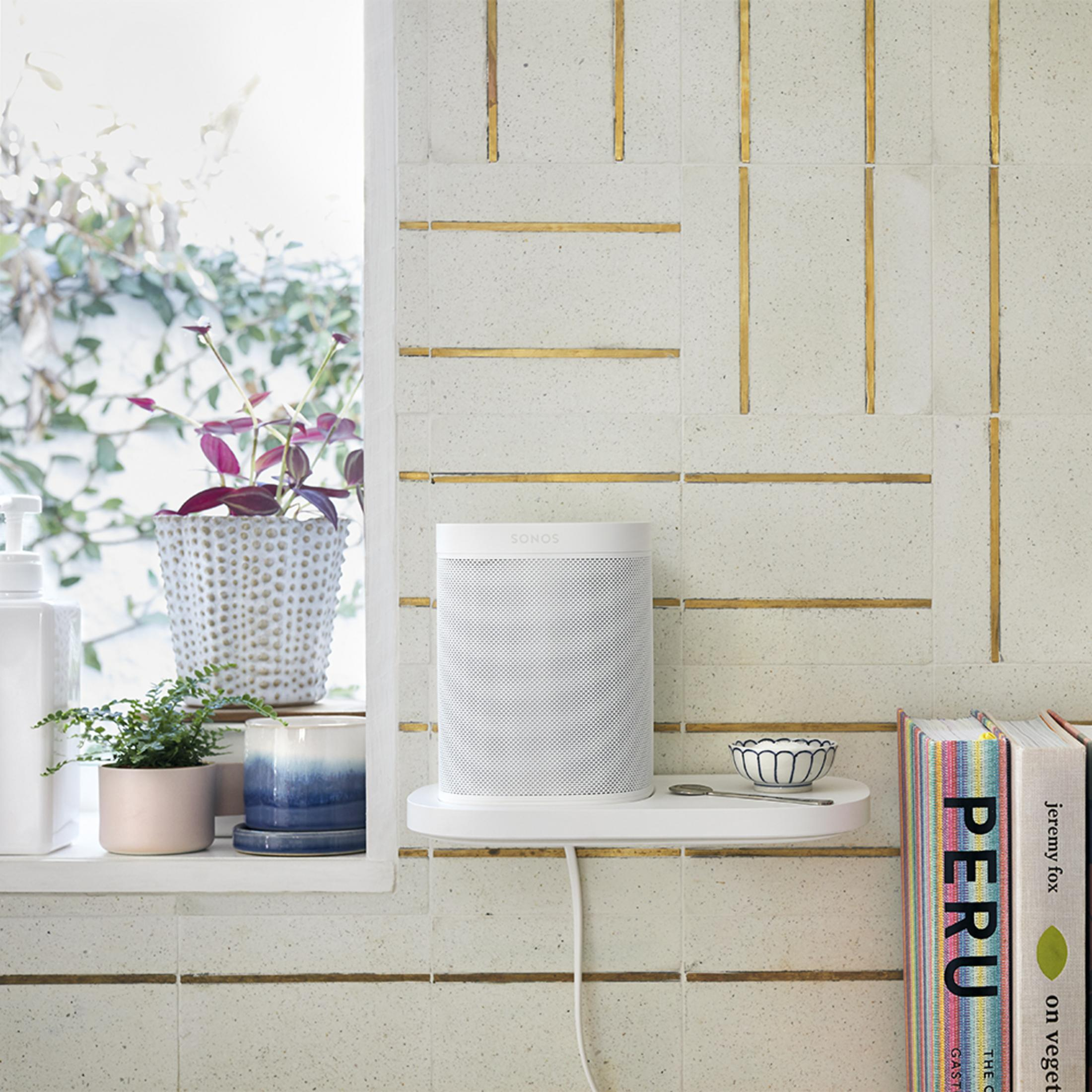 Un altavoz blanco descansa sobre una repisa blanca. Plantas y libros están cerca, contra una pared alicatada.