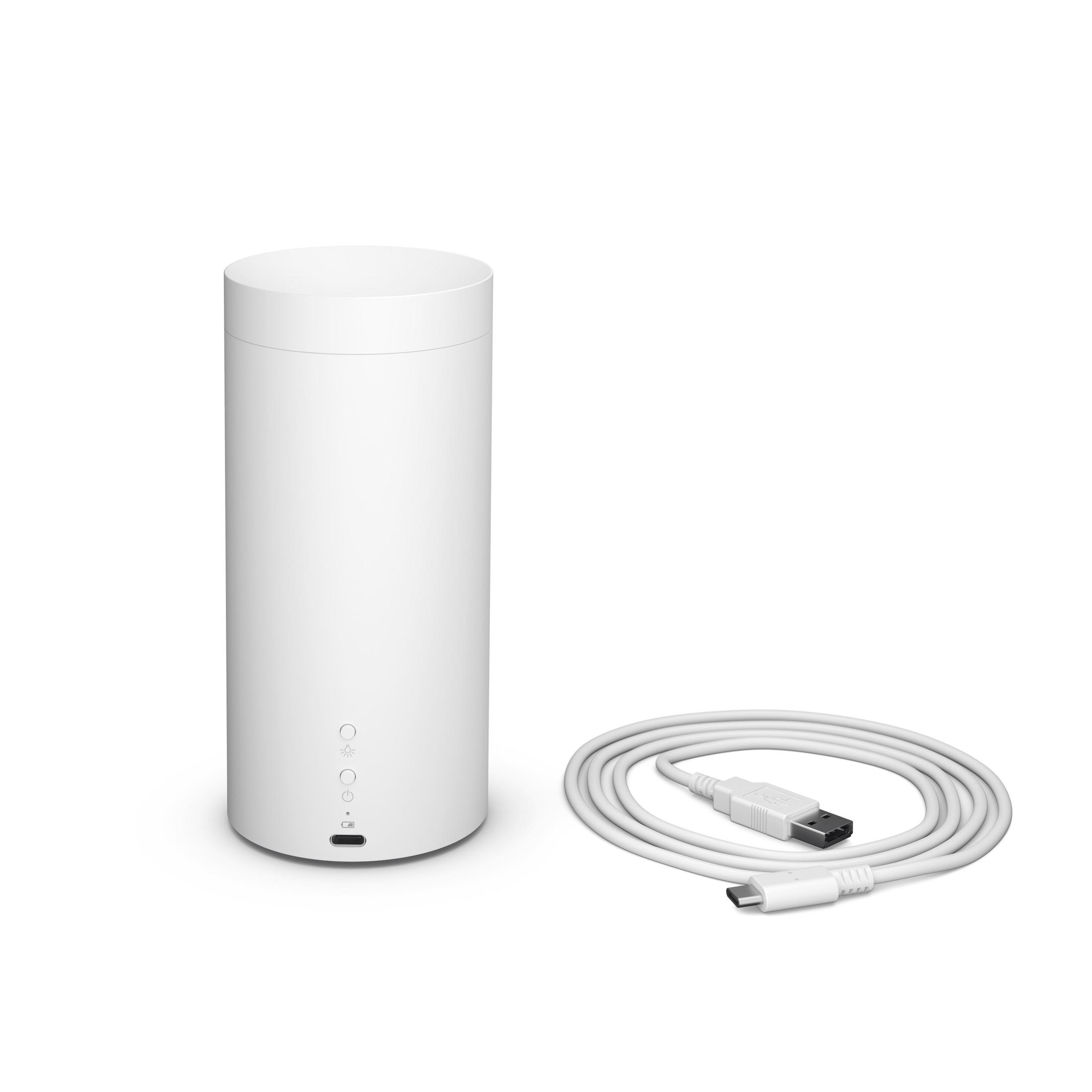Białe cylindryczne urządzenie z białym kablem. Kabel ma złącze USB-C.