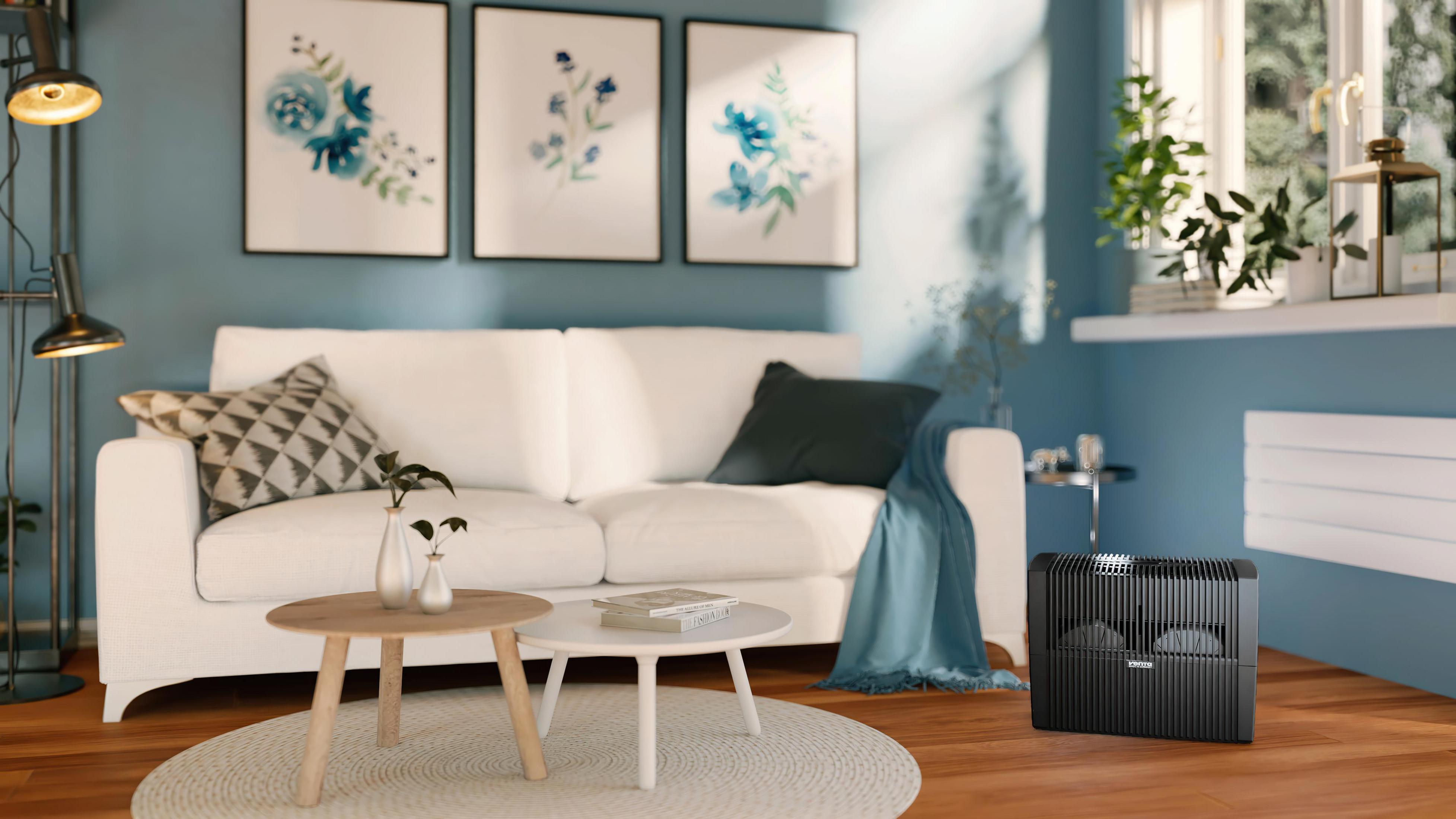 Wohnzimmer mit weißem Sofa, blauer Wand und Kunstwerken. Ein Heizkörper und zwei kleine Tische sind auch vorhanden.