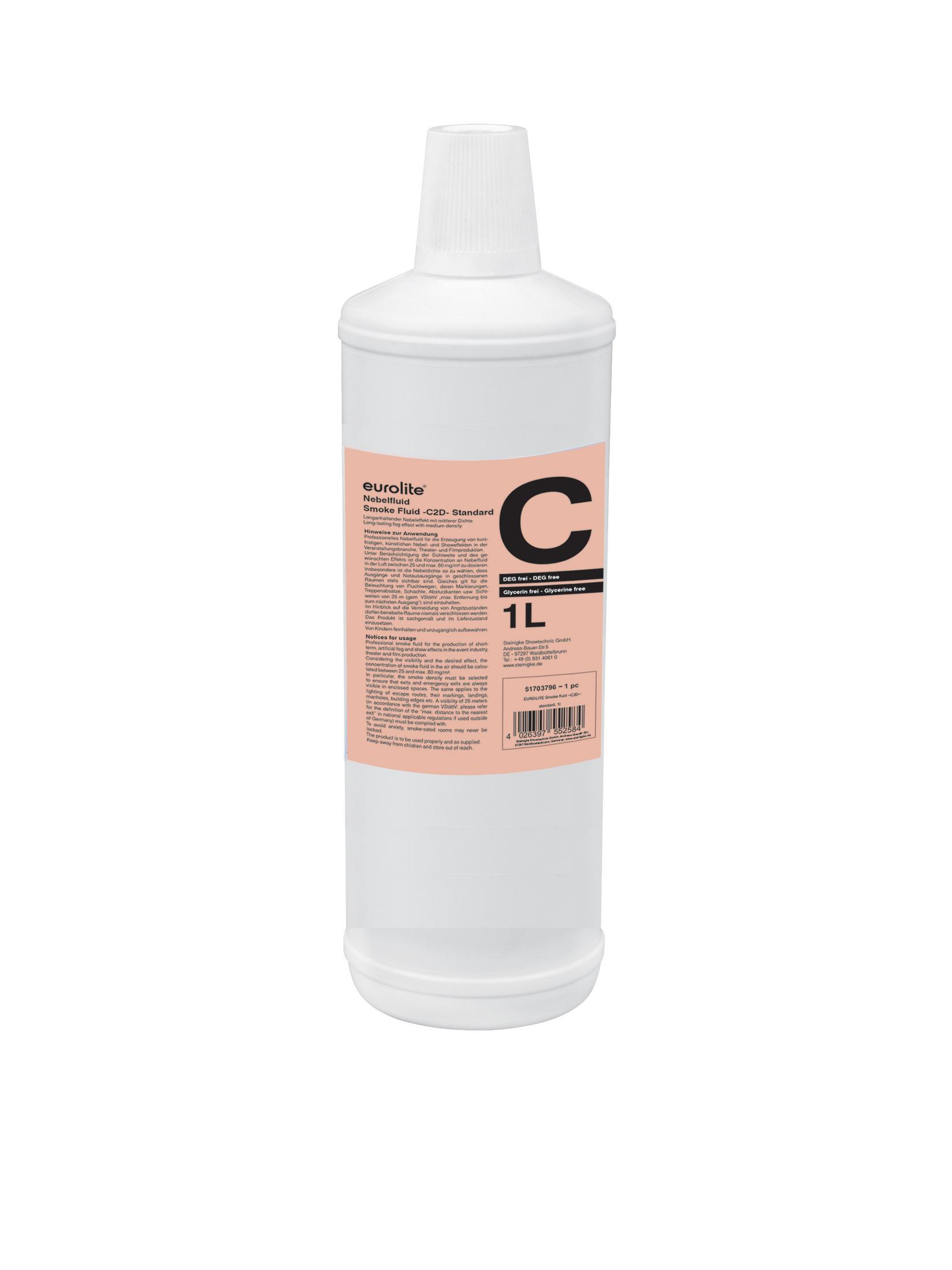 Eine weiße Flasche Eurolite Smoke Fluid C20-Standard, 1L, mit detailliertem Etikett auf weißem Grund.