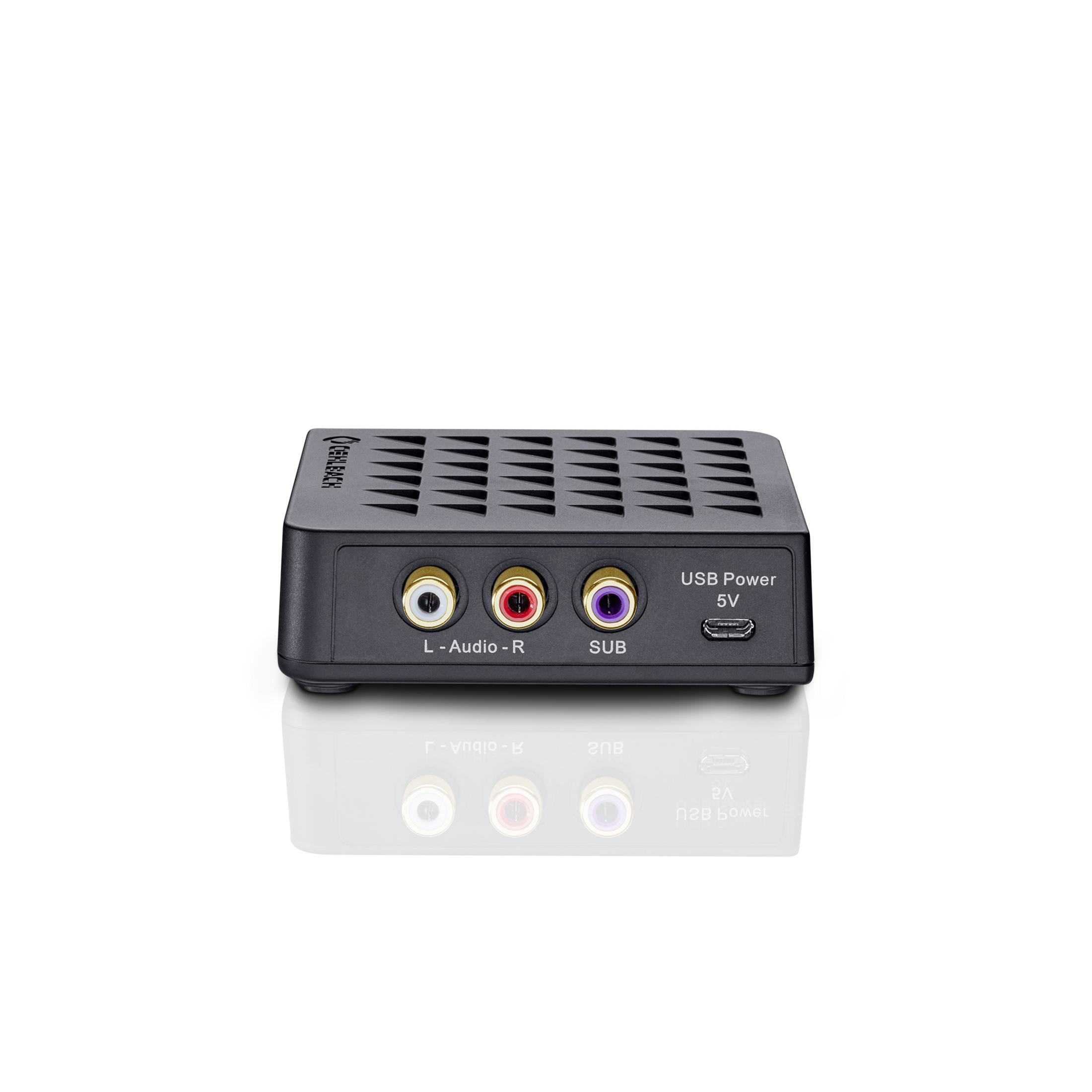 Schwarzer Audio-Receiver mit 3 Eingangsanschlüssen und einem USB-Stromanschluss.