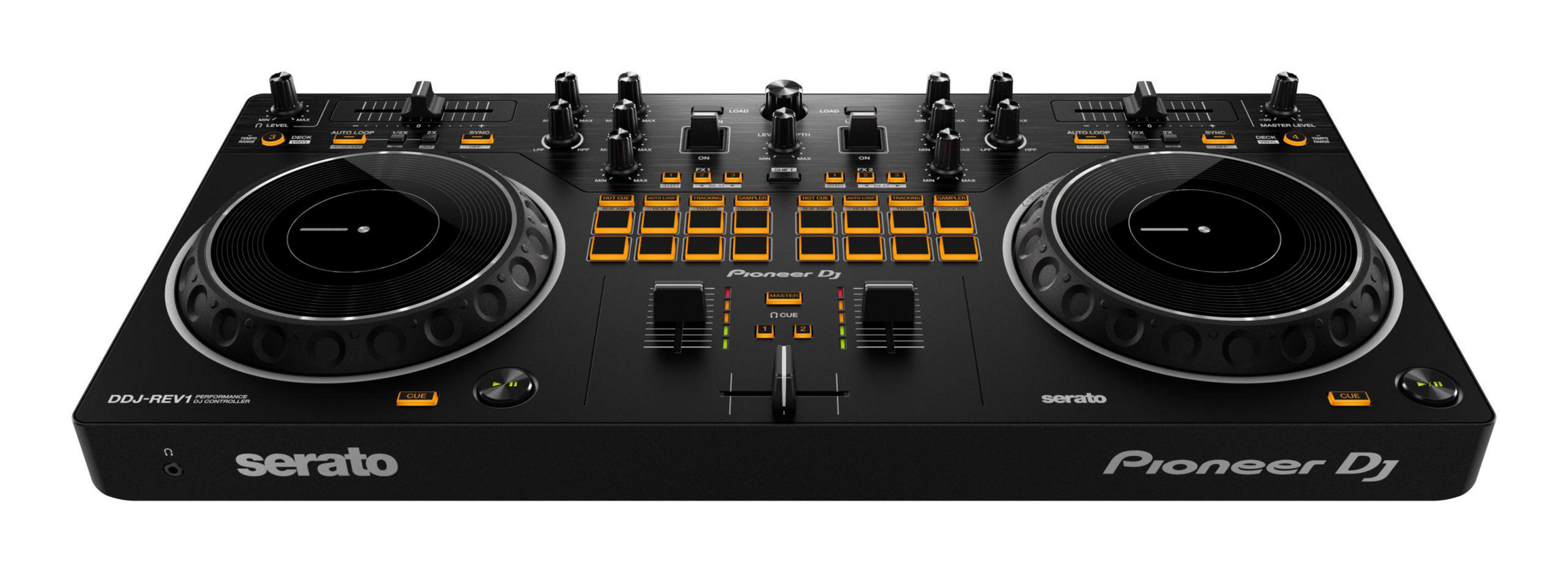 Schwarzer DJ-Mixer mit Knöpfen, Tasten und Jogwheels, Draufsicht.