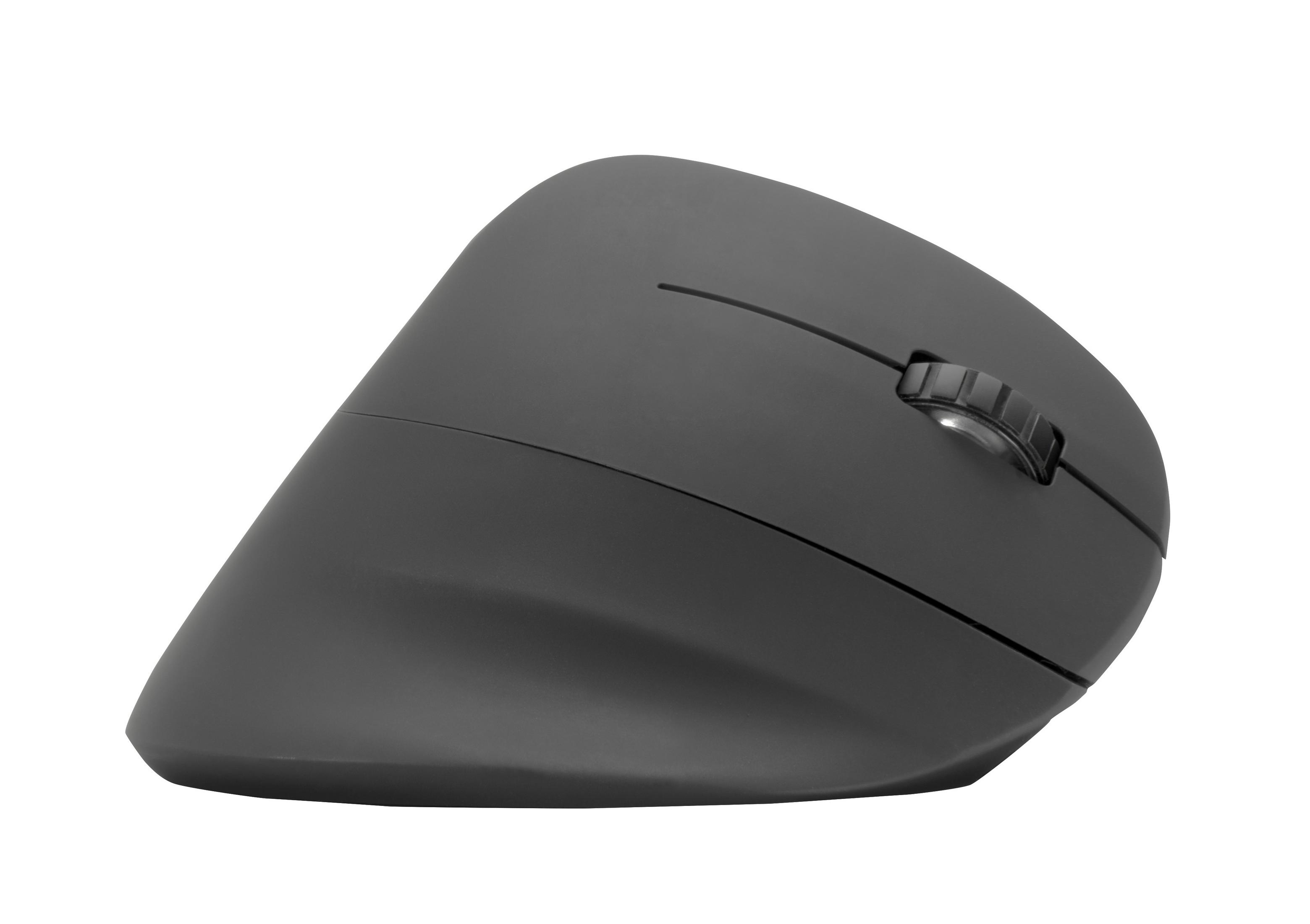 Ciemnoszara mysz ergonomiczna z kółkiem przewijania, kątowa konstrukcja.