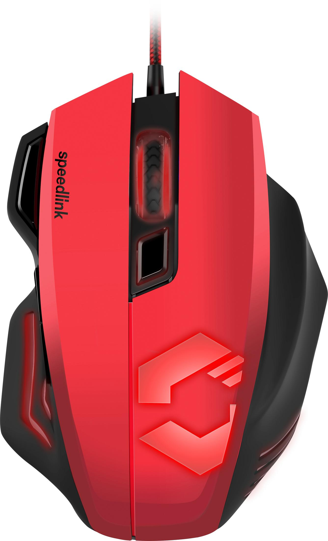 Mouse da gioco rosso e nero. Con logo Speedlink rosso e frecce illuminate.
