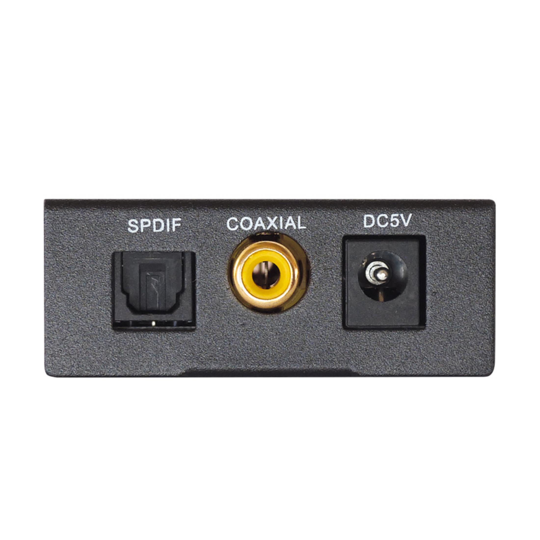 Schwarzer Adapter mit SPDIF-, Koaxial- und DC5V-Anschlüssen. Er steht vor weißem Hintergrund und ist dem Betrachter zugewandt.