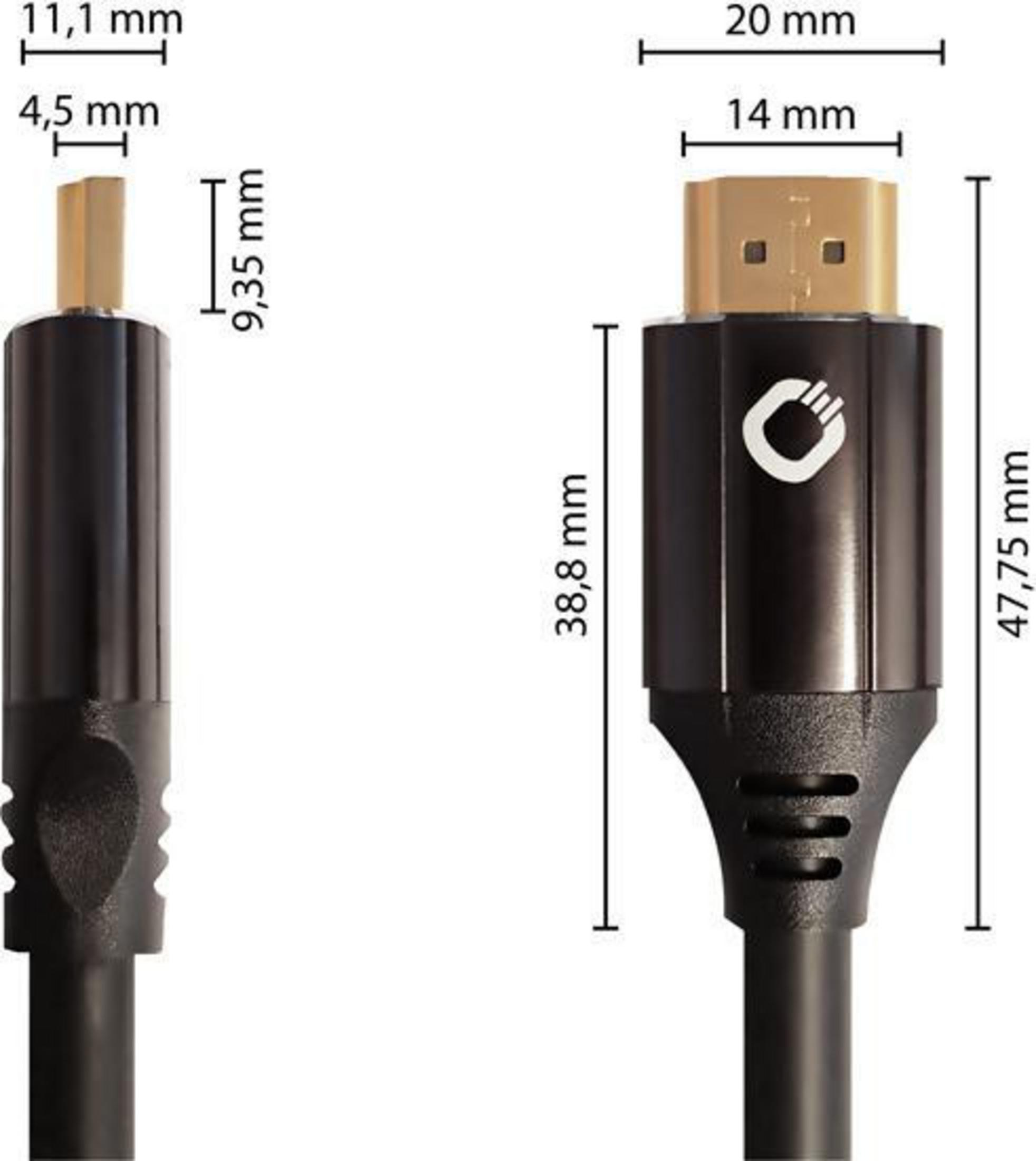 HDMI-Kabel mit Abmessungen. Rechts der Stecker, links das andere Ende.
