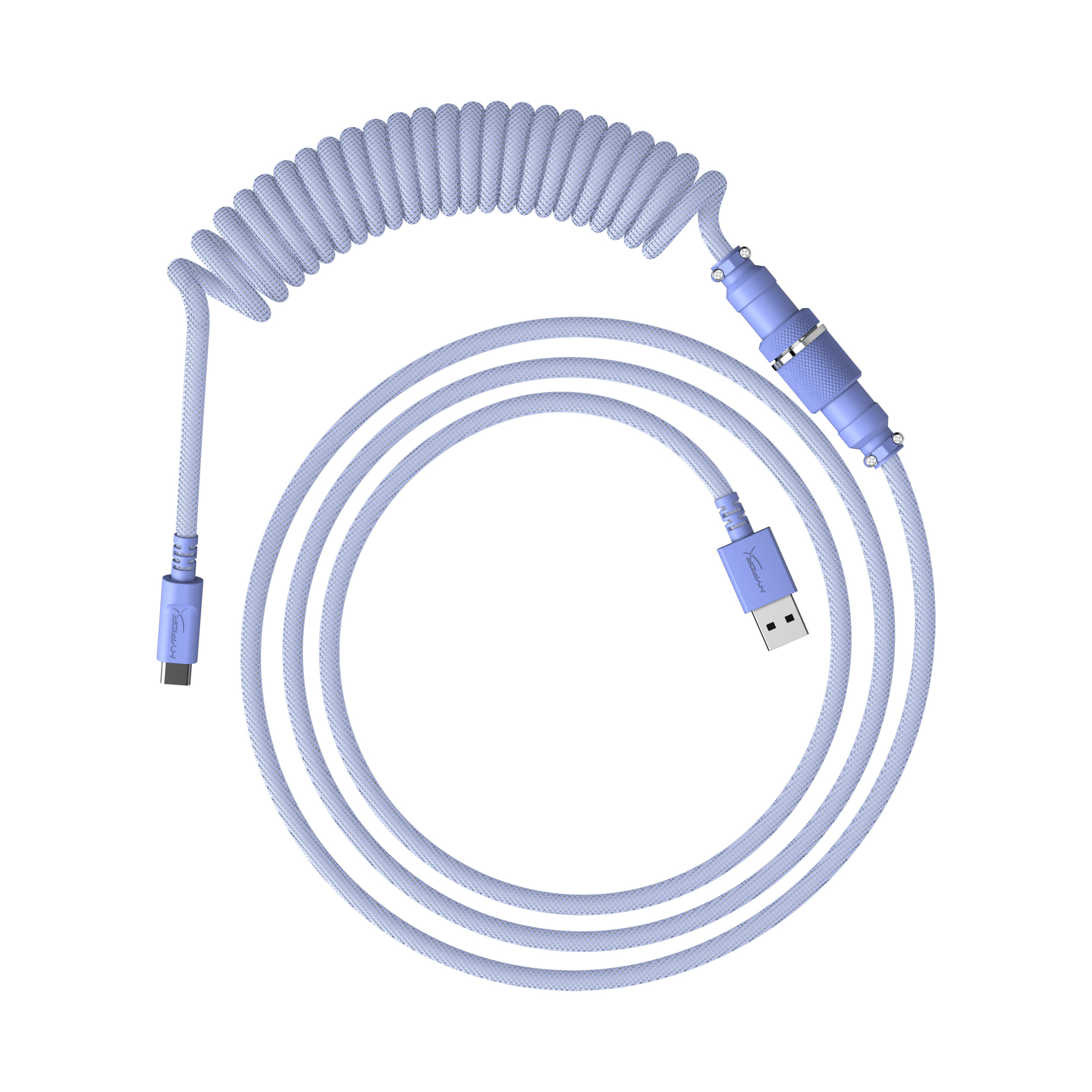 Cavo a spirale blu chiaro con connettori, USB-A e USB-C. Sfondo bianco.