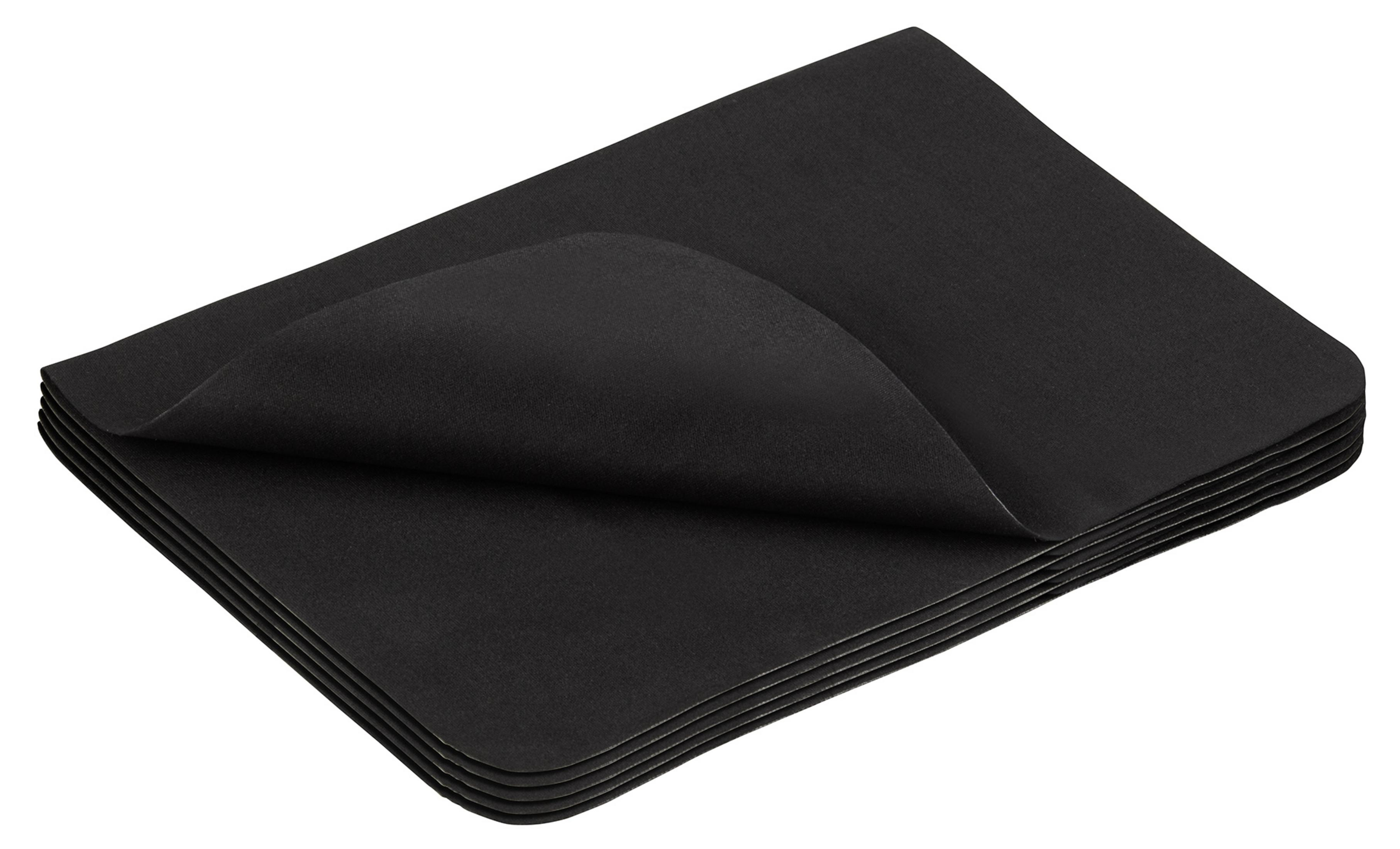 Ein Stapel schwarzer Schaumstoffplatten, eine Platte ist teilweise angehoben, wodurch die Textur sichtbar wird.