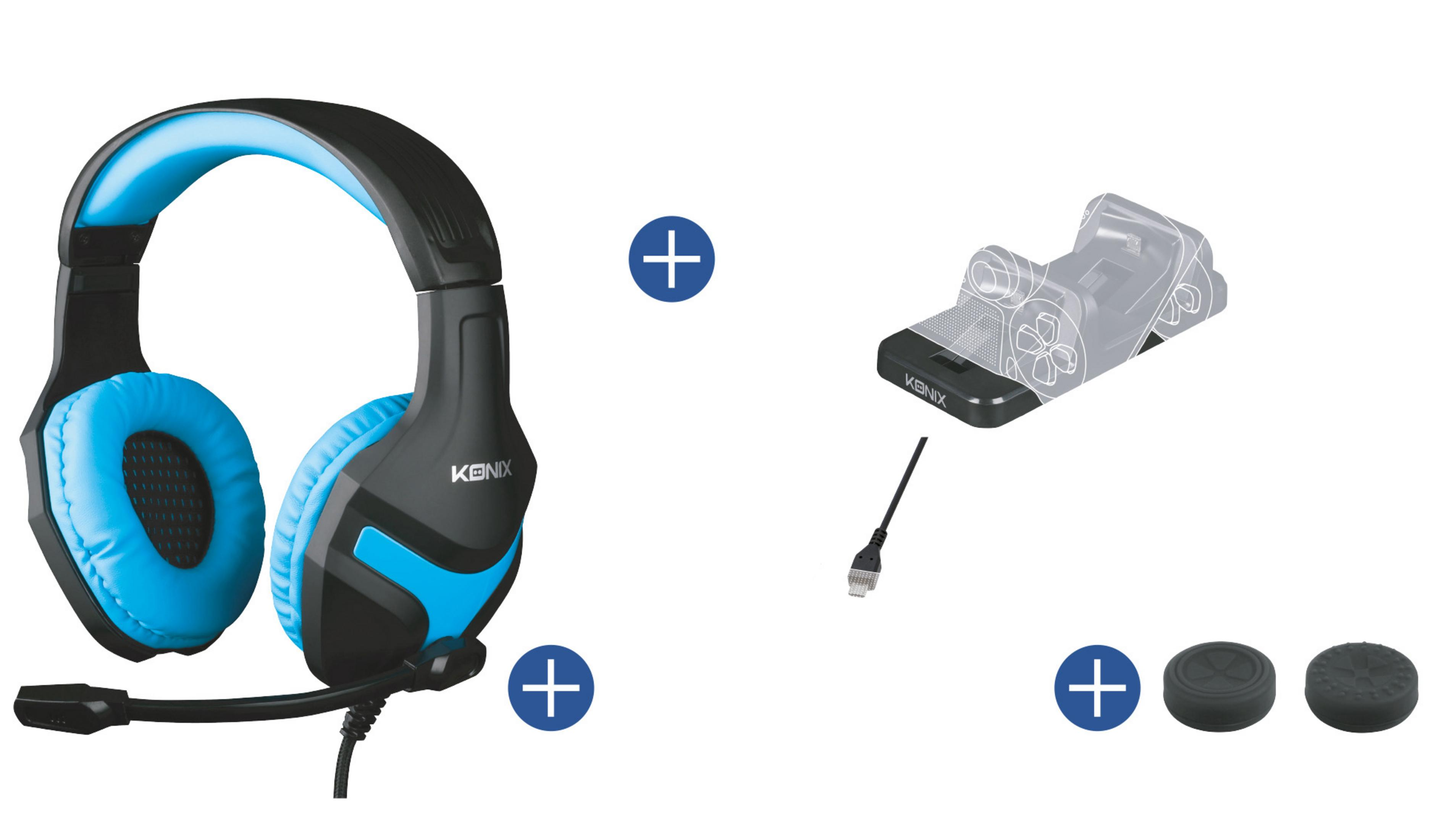 Cuffie da gioco blu e nere con microfono e accessori su sfondo bianco.
