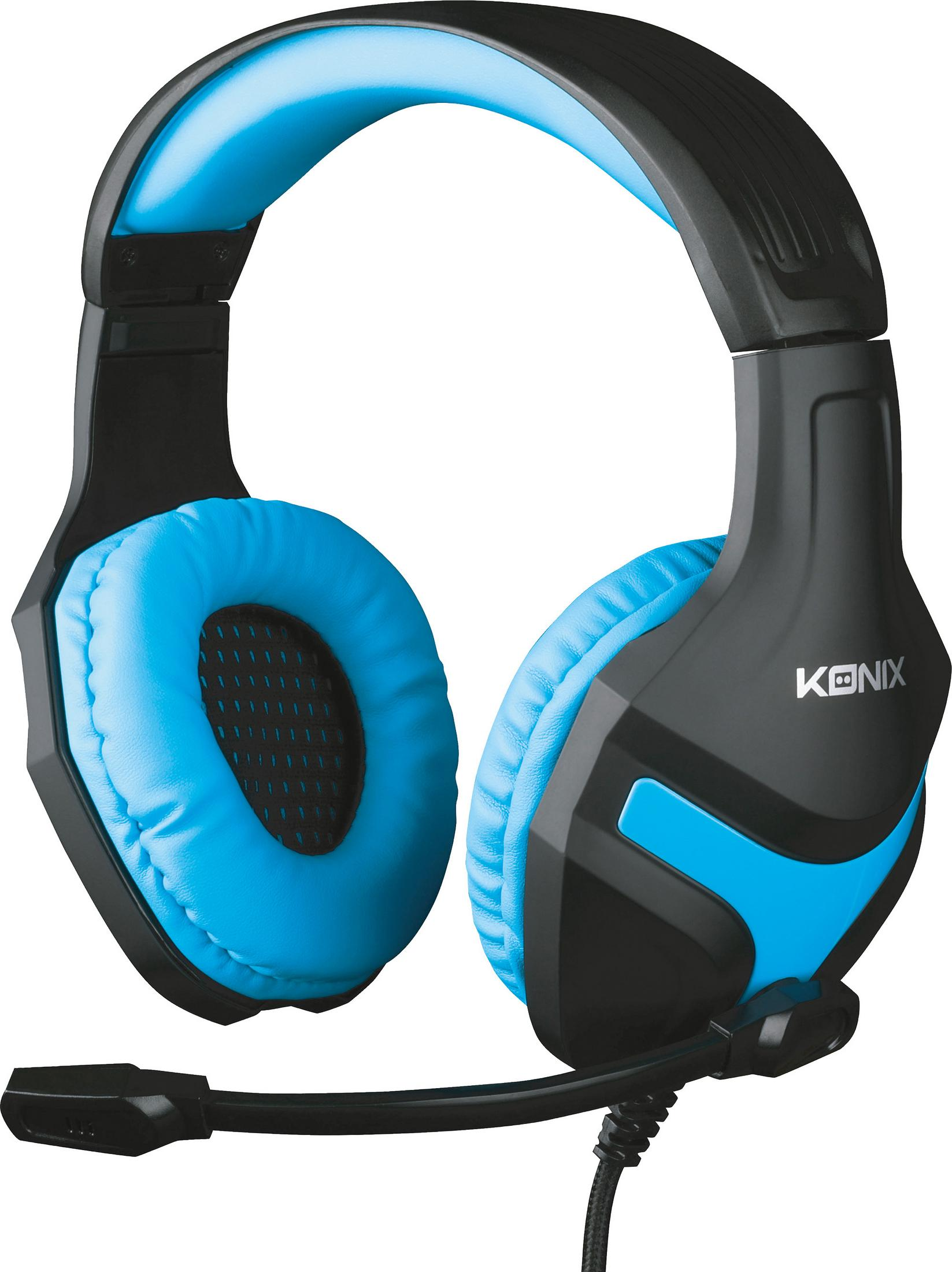 Cuffie da gioco nere e blu con microfono. I padiglioni sono blu.