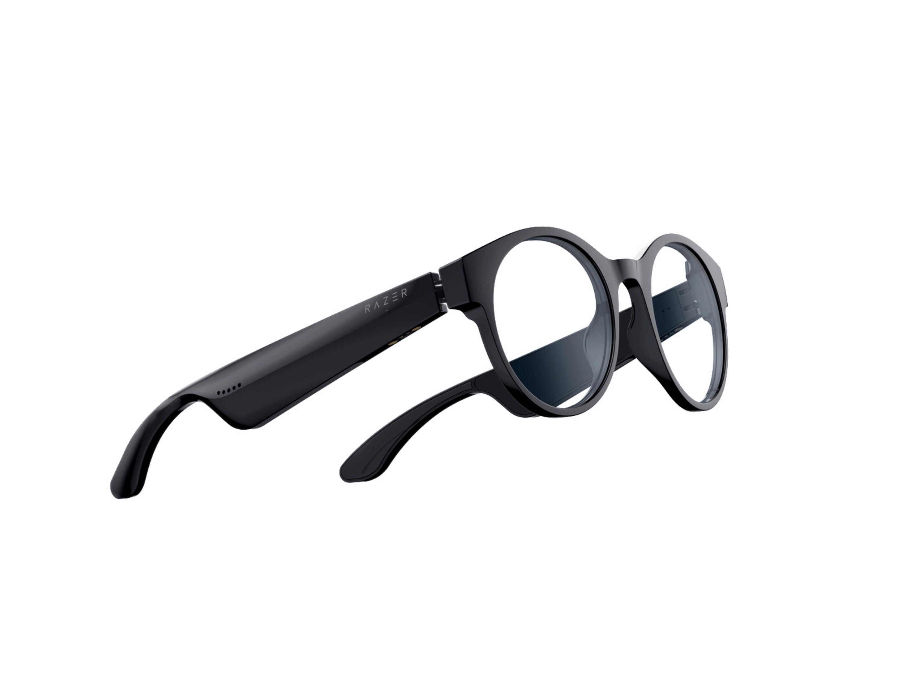Czarne okulary Razer z przezroczystymi soczewkami. Logo Razer z boku.