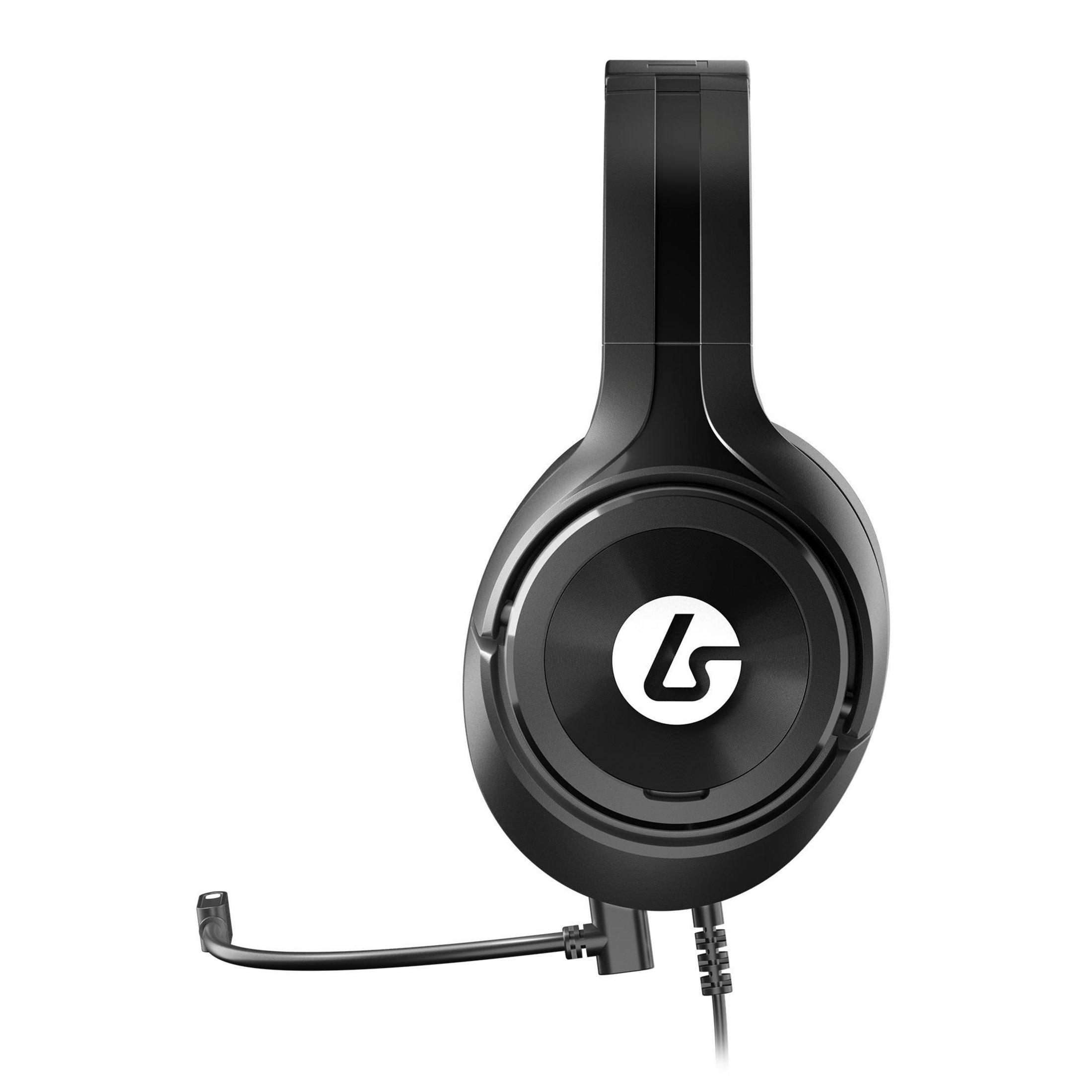 Schwarzes Headset mit Mikrofon. Der Ohrmuschel hat ein weißes 'L'-Logo.