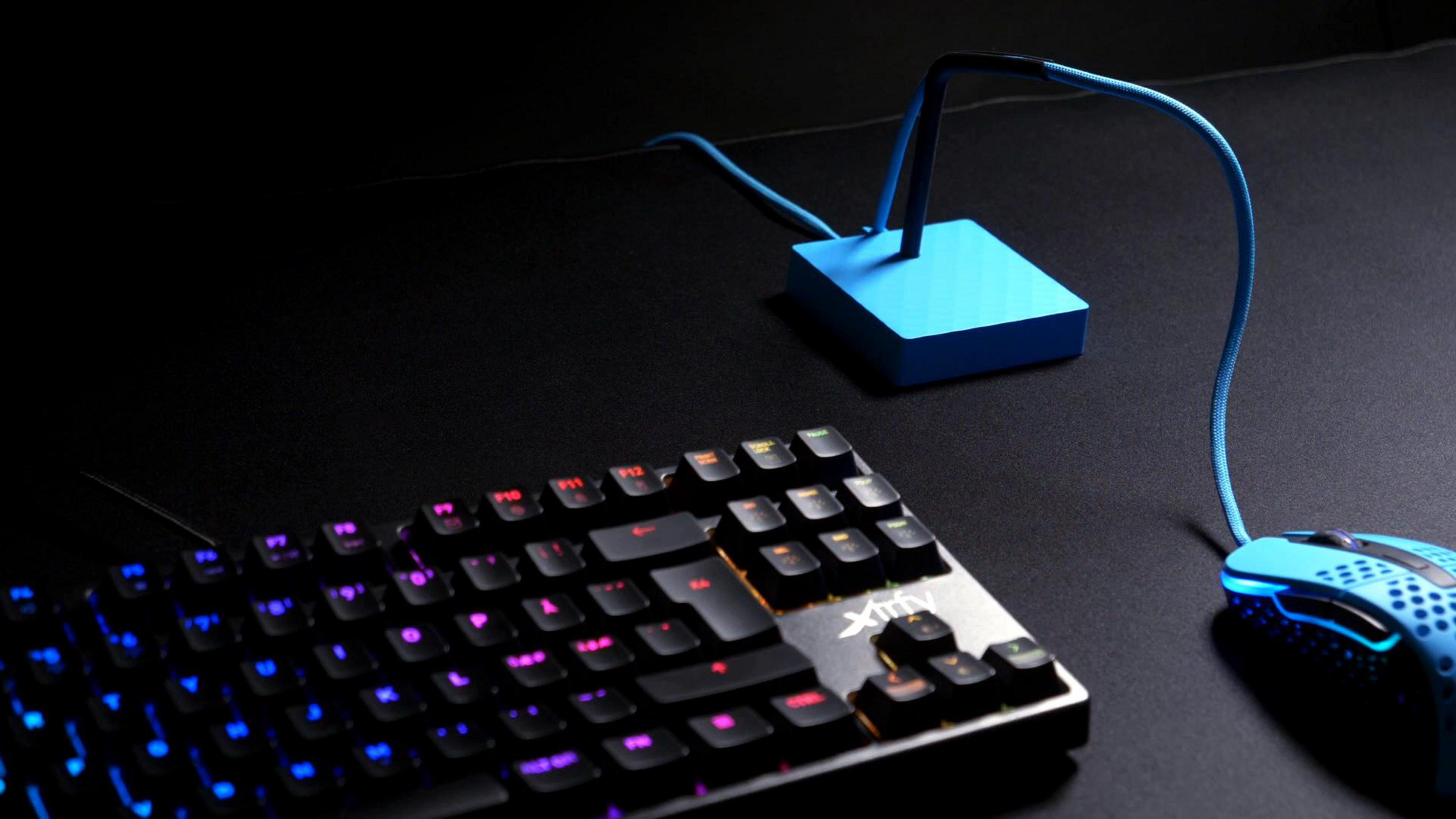 Configurazione gaming con tastiera, mouse e bungee. Accenti blu su superficie scura.