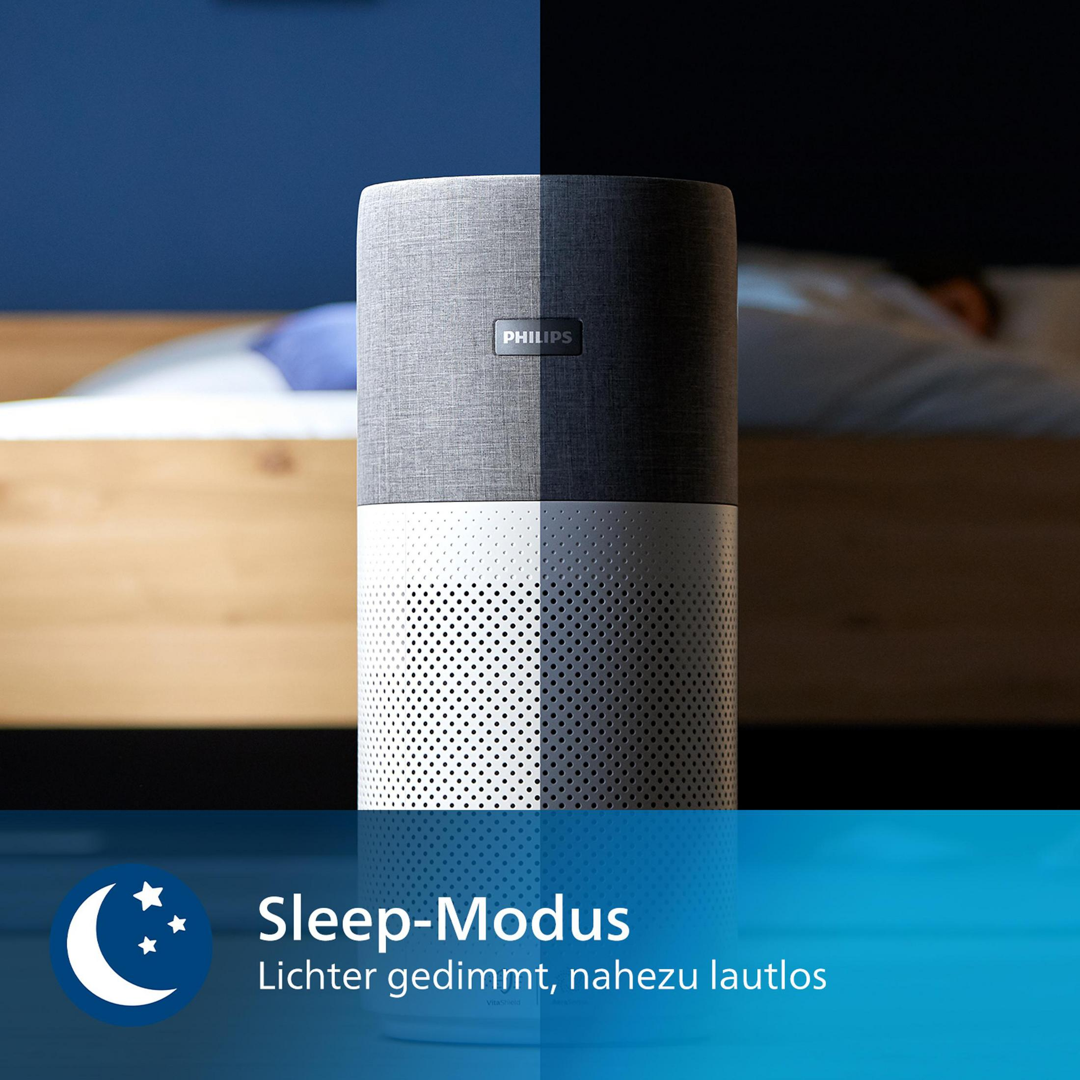 Un purificador de aire junto a una cama. El purificador es blanco y gris. Texto: Sleep-Modus.