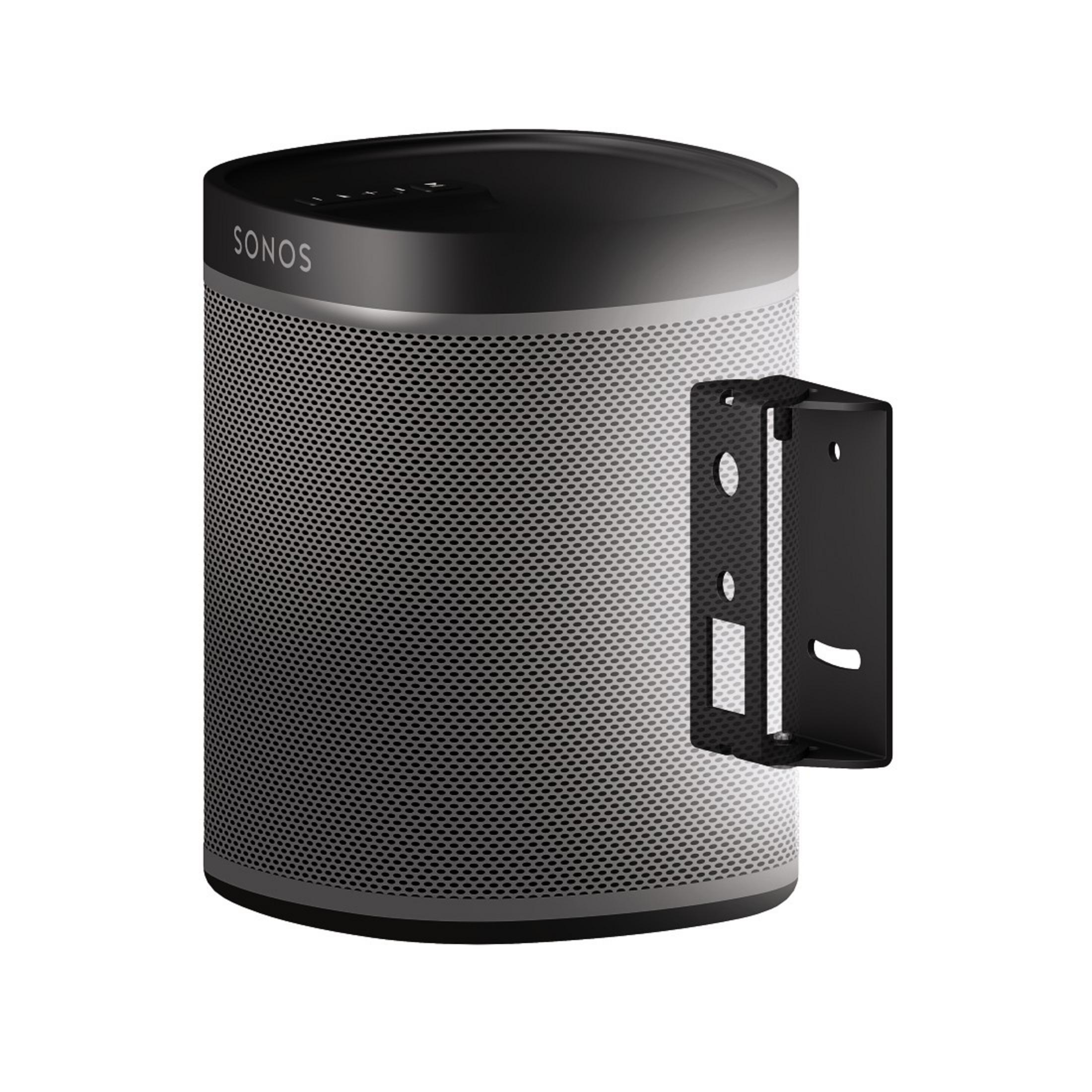 Sonos-Lautsprecher und seine Wandhalterung. Lautsprecher ist schwarz-weiß, mit Metallhalterung.