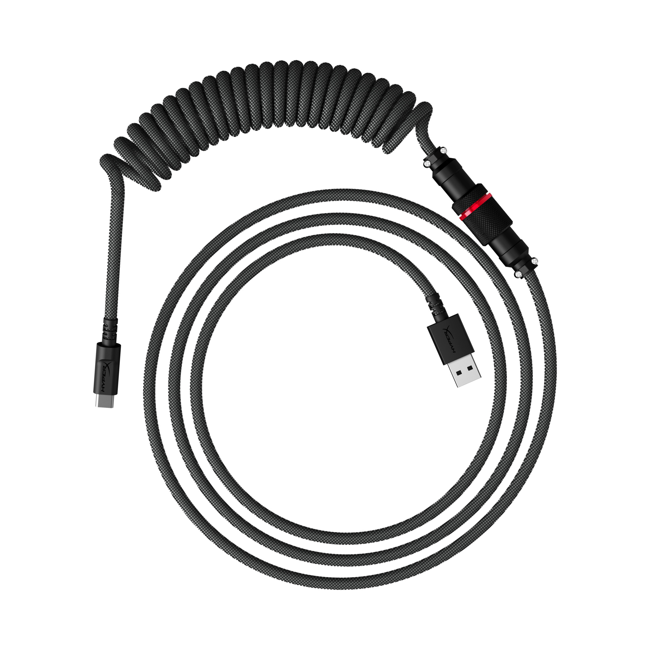 Cavo a spirale nero e grigio, connettori USB-C e USB-A, sfondo bianco.