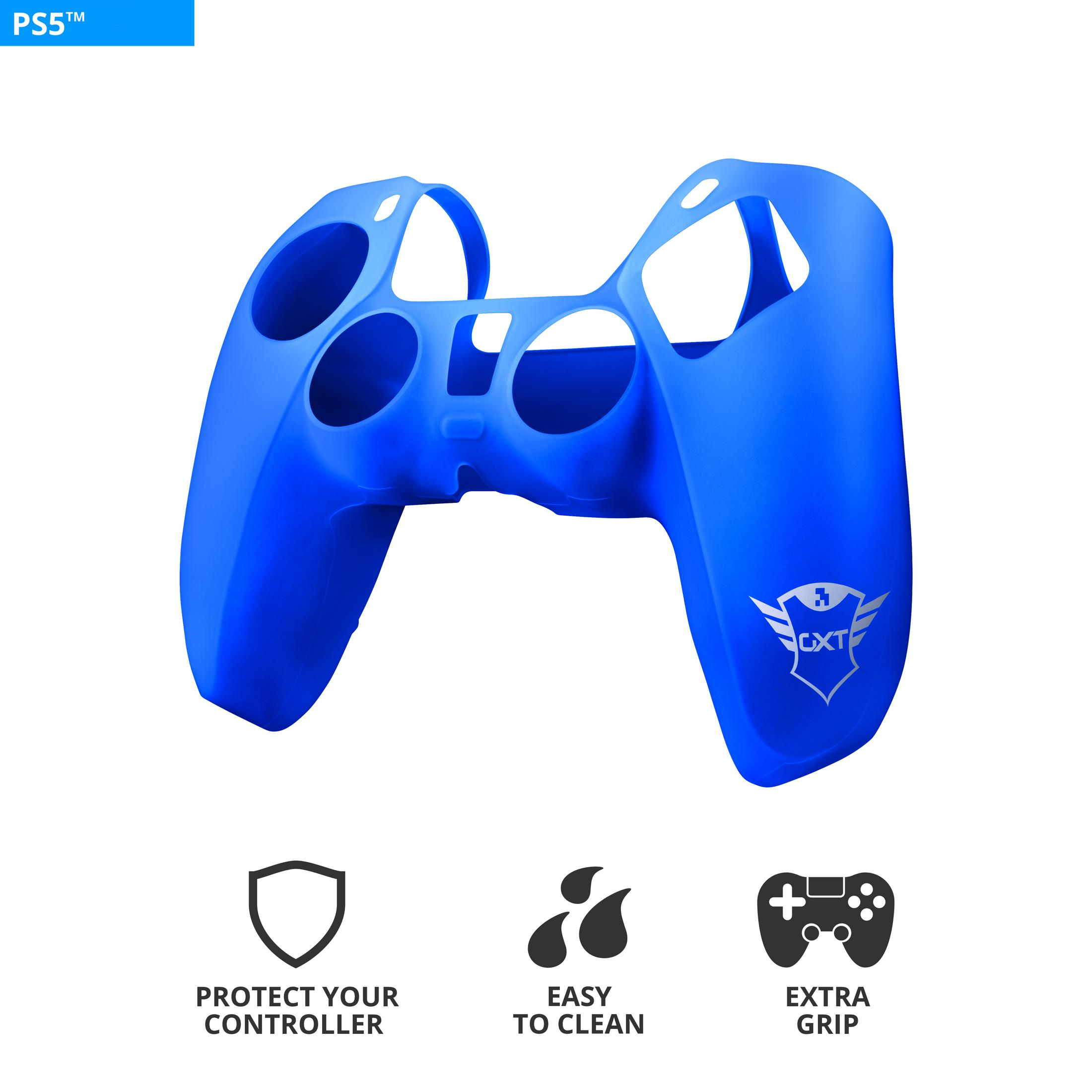 Una cover blu per controller PS5 con logo e icone per protezione, facile pulizia e presa.