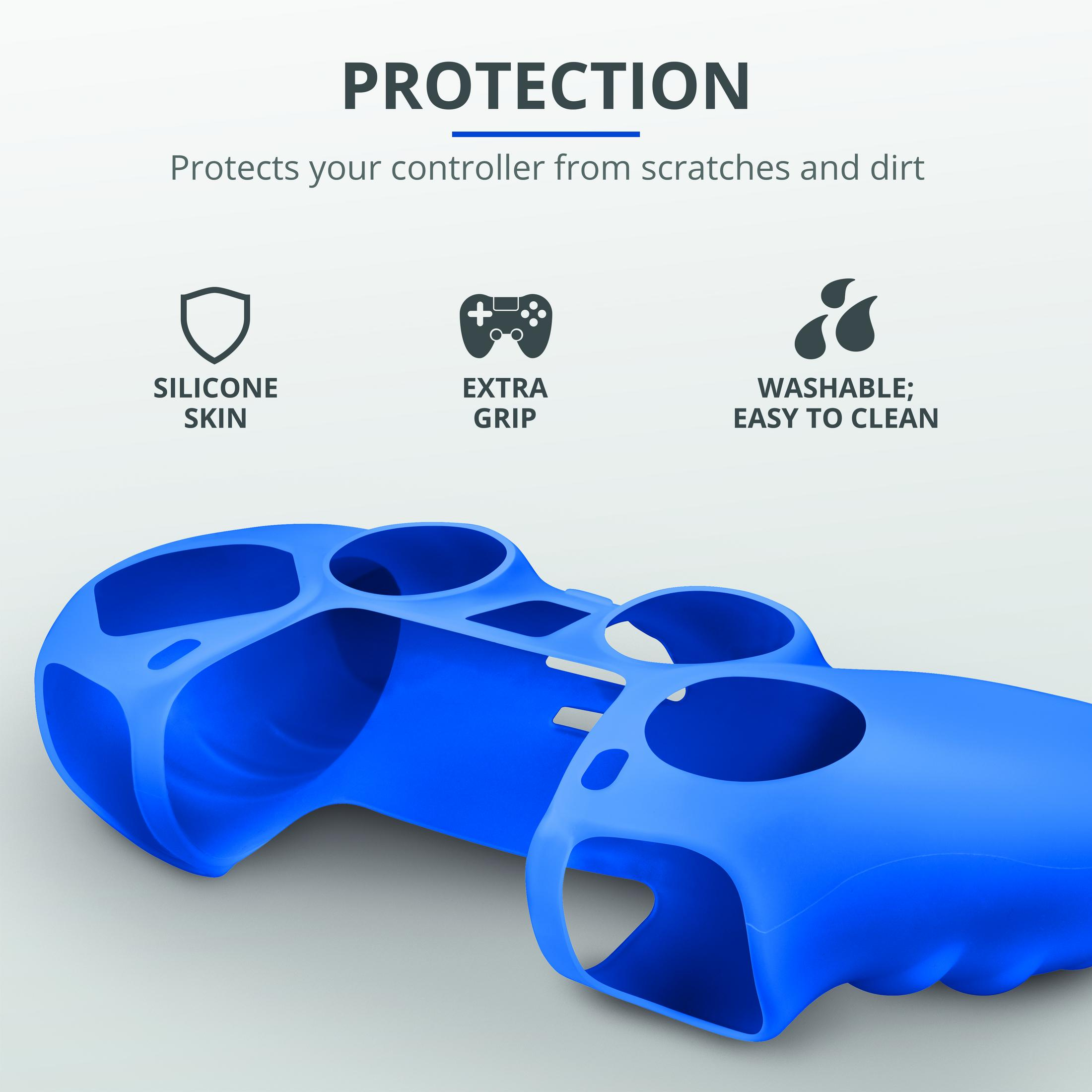Pelli per controller in silicone blu con icone, testo: Skin in silicone, Presa extra, Lavabile.